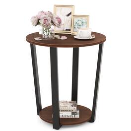 Costway - 2-Tier Accent Side Table w/ Metal Frame Industrial Nightstand Bedside Table - Walnut