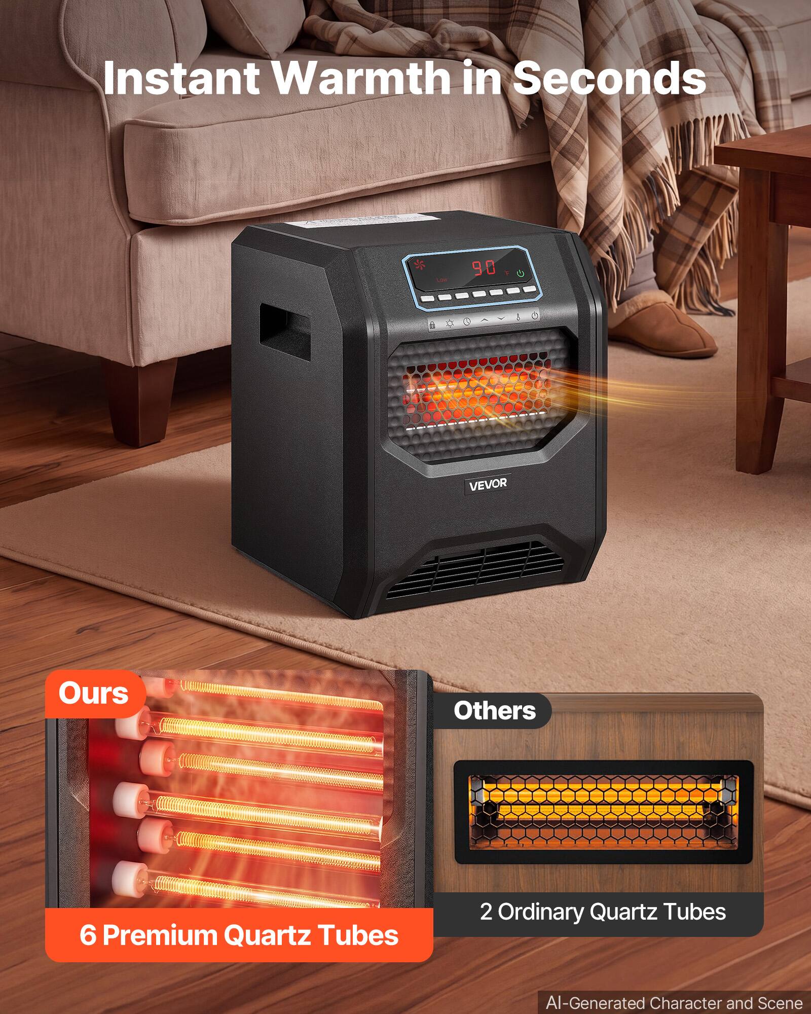Instant Warmth in Seconds

Los
90 Y
G

VEVOR
Ours
Others
6 Premium Quartz Tubes
2 Ordinary Quartz Tubes
AI-Generated Character and Scene