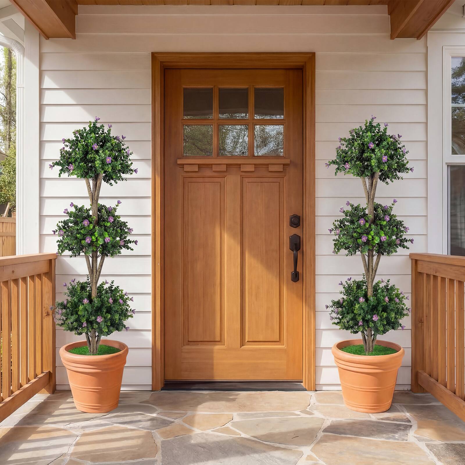 Alt View 1. Gymax - Gymax 2PCS Artificial Triple Ball Boxwood Topiary Tree w/59 Blossoms for Porch Home Green & Black & Purple - Purple.