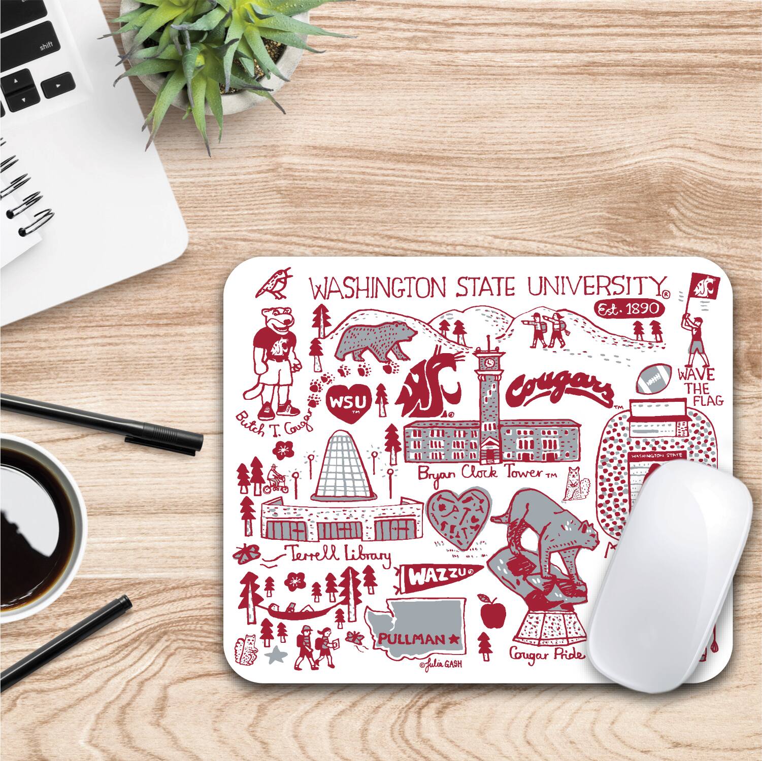 WASHINGTON STATE UNIVERSITY  
Est. 1890  

WAVE THE FLAG  
WSU Cougars  

Bryan Clock Tower™  
Terrell Library  

PULLMAN  
WAZZU  

Cougar Pride  

Butch T. Cougar  

Julia Gash