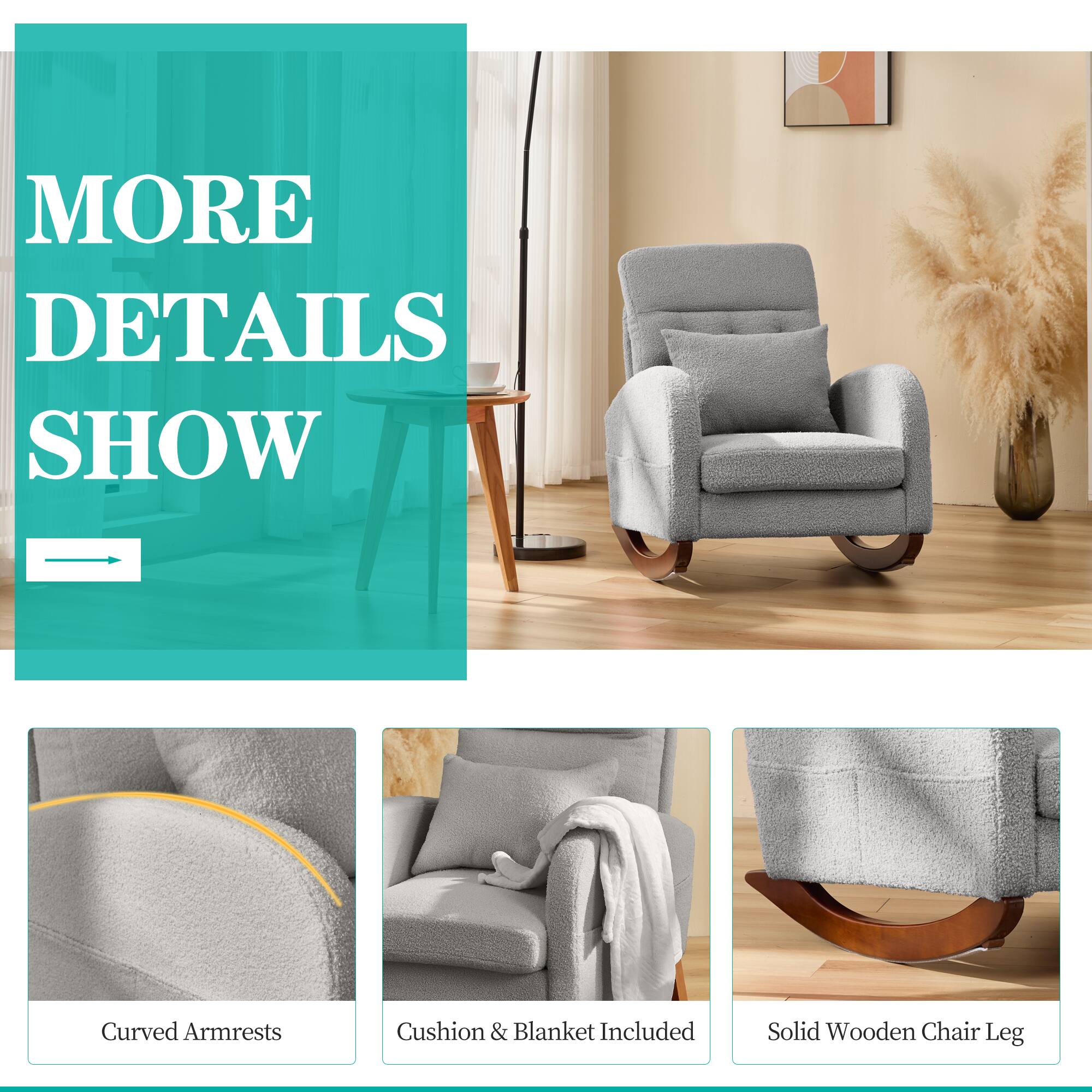 MORE DETAILS SHOW

- Curved Armrests
- Cushion & Blanket Included
- Solid Wooden Chair Leg