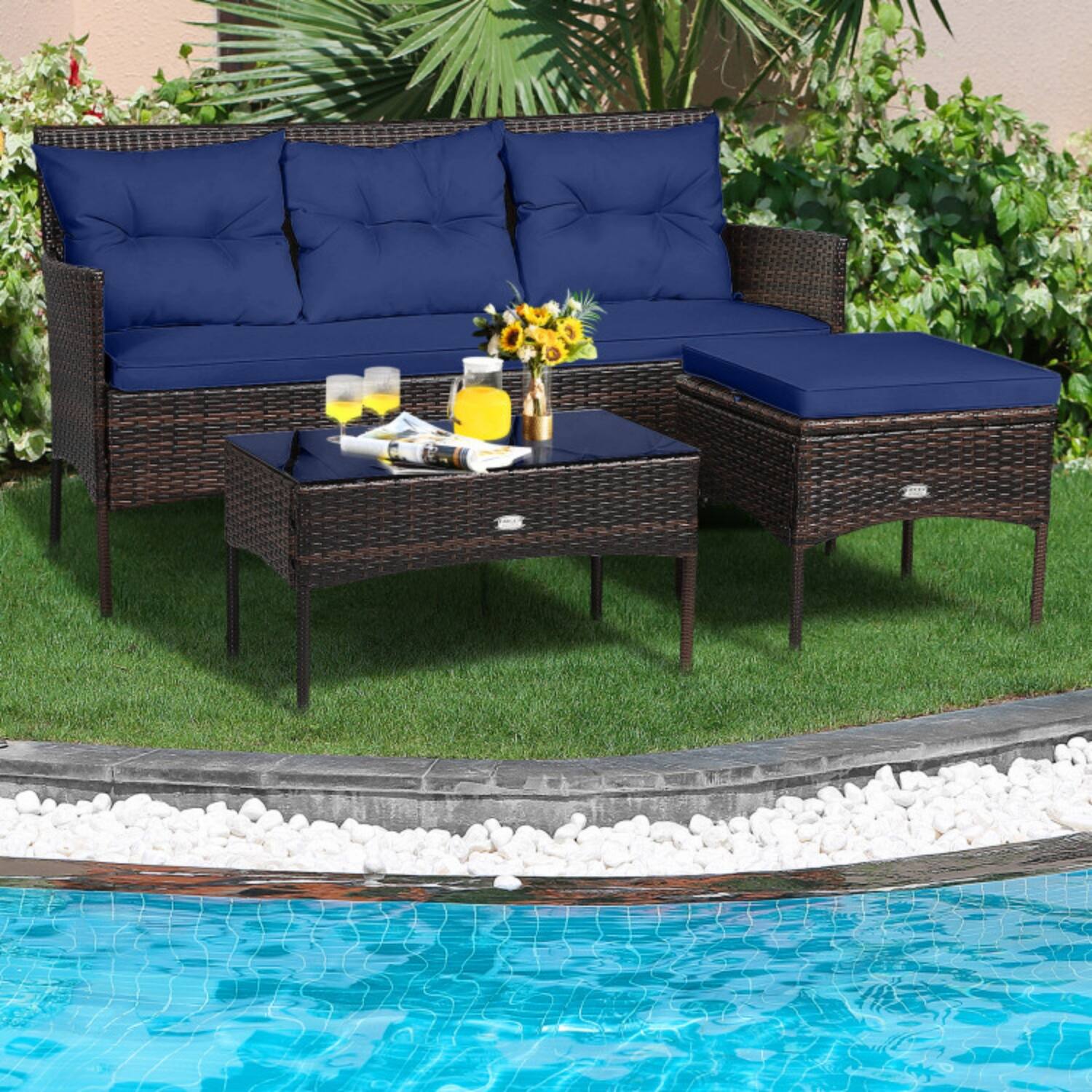Front. Mondawe - 60 x 24 x 33 IN Freestanding Patio Sectional Set with Sofa, Ottoman, Table 3-Piece - Mix brown+Navy.