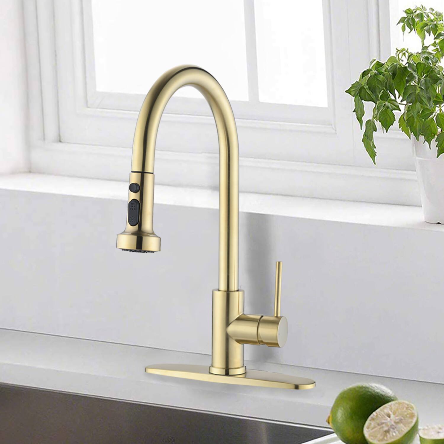 Alt View 1. Siljoy - Stainless Steel Pull Down Kitchen Faucet with Soap Dispenser Brushed Gold - Brushed Gold.