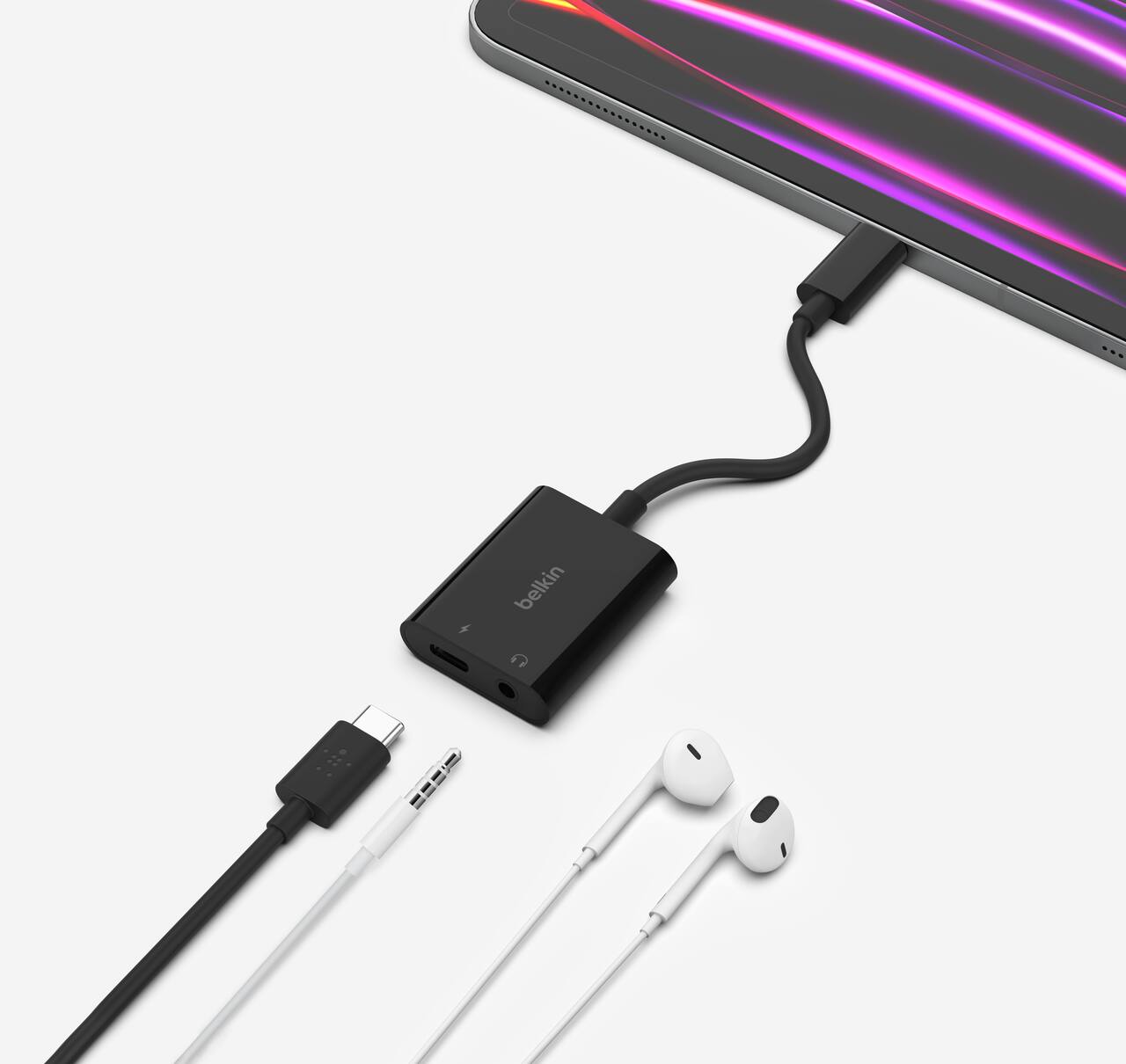 Alt View 3. Belkin - 3.5mm Audio & USB-C Adaptor - Fast Charge Compatible USB-C Audio Adaptor for iPad Pro, Galaxy, Pixel, OnePlus & More - Black.