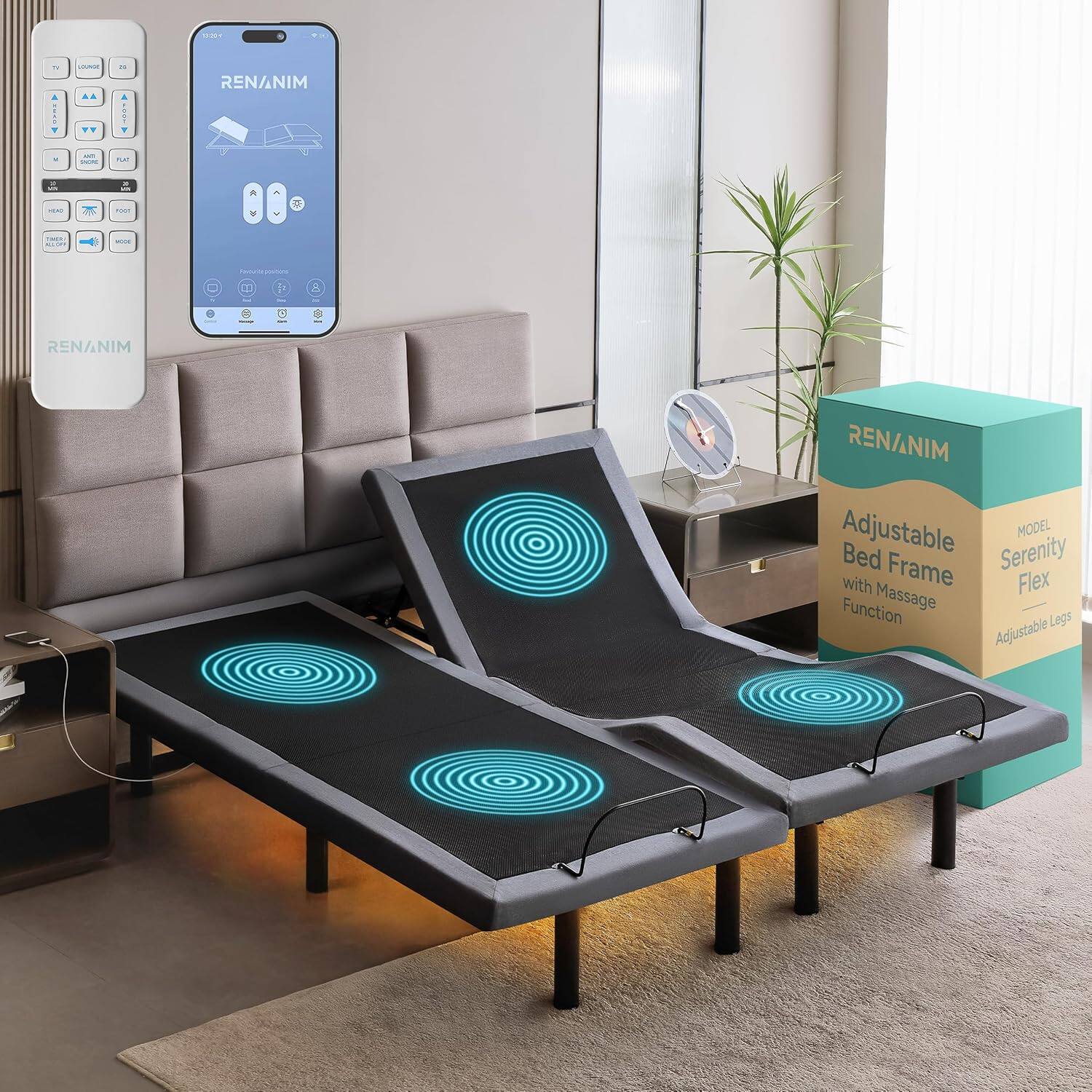 Renanim - SF Split King Adjustable Electric Bed Frame with Massage Wireless Remote, USB Ports, UnderBed Light, Zero Gravity - Gray