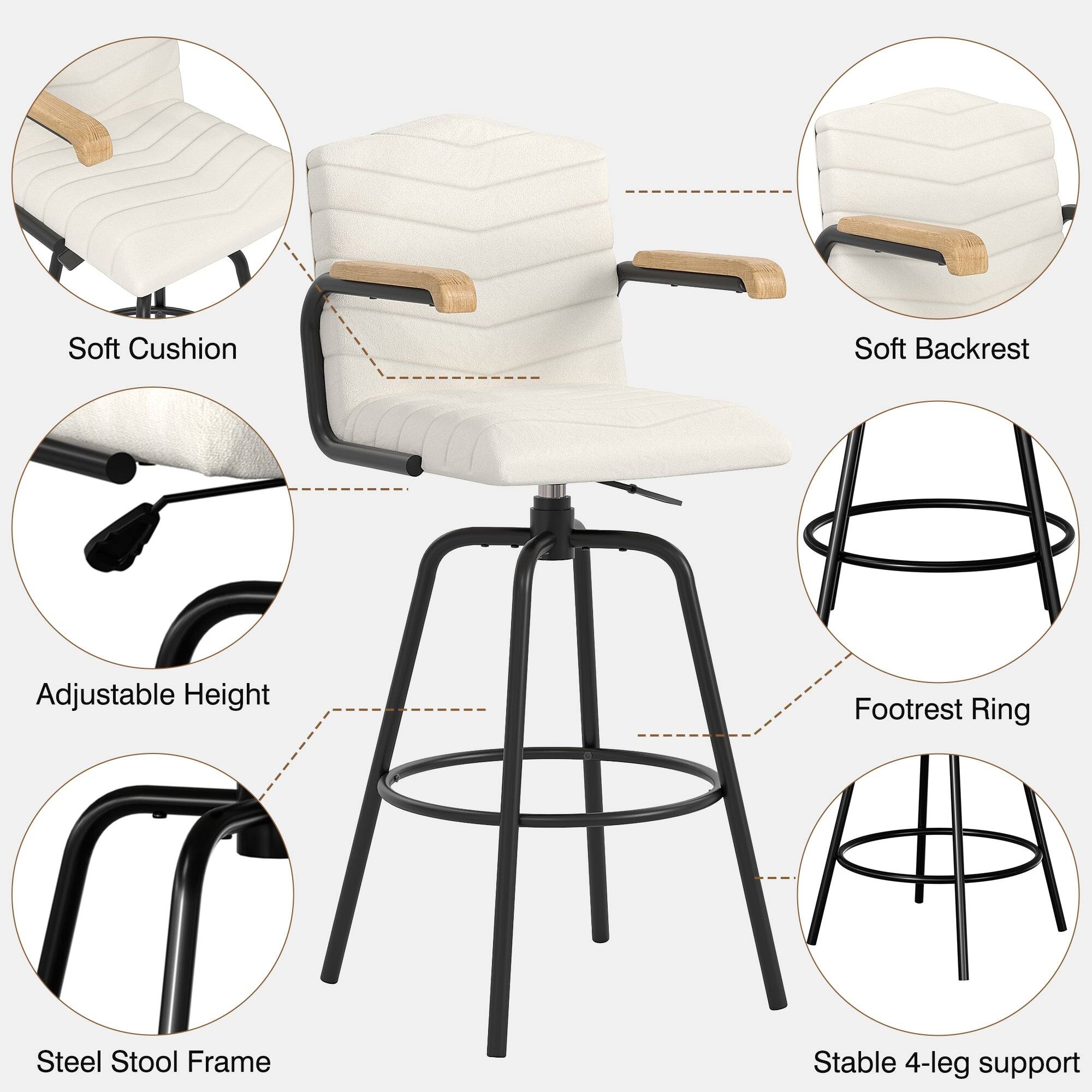 - Soft Cushion
- Soft Backrest
- Adjustable Height
- Footrest Ring
- Steel Stool Frame
- Stable 4-leg support