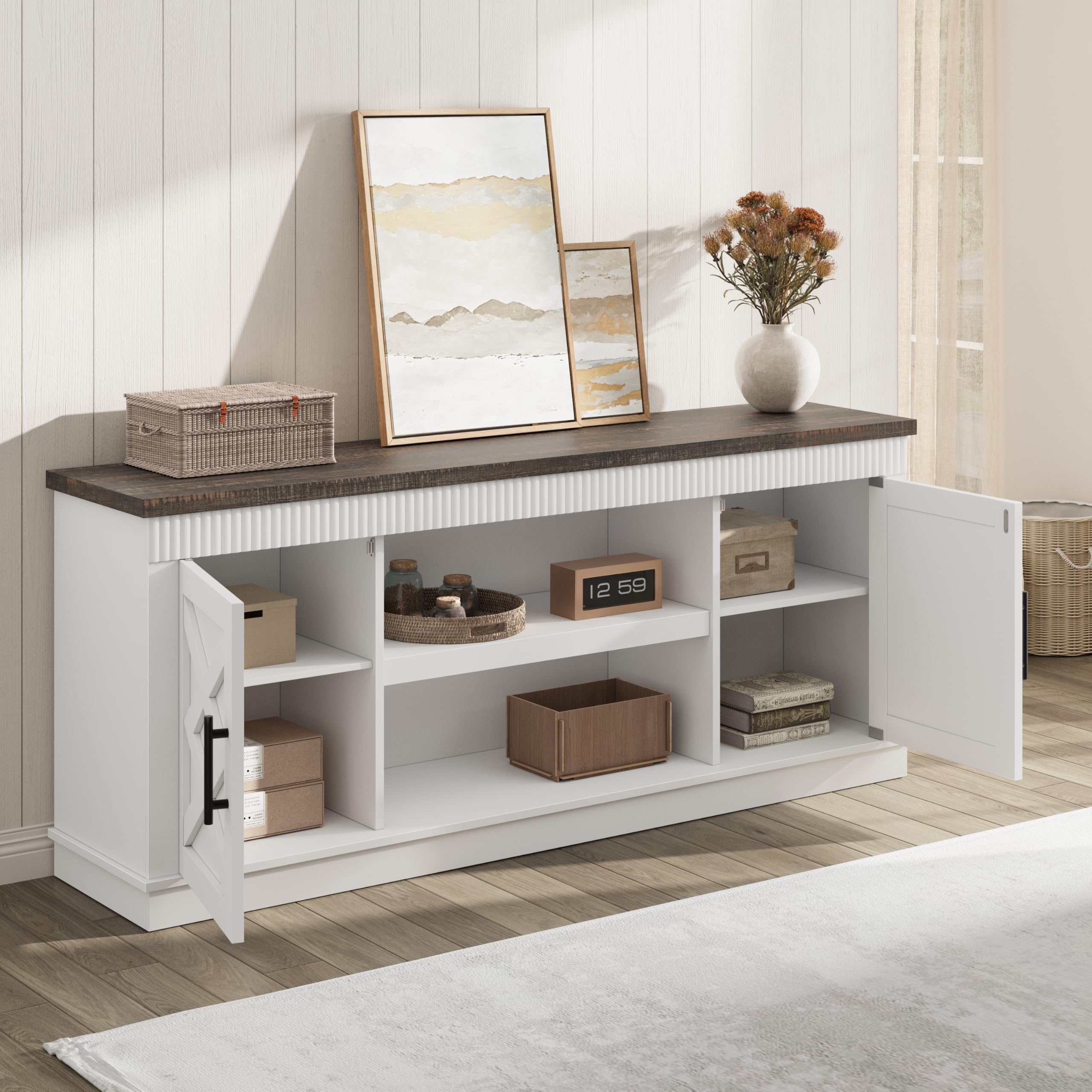 Alt View 3. GARVEE - Farmhouse TV Stand for 70/75 in TVs, 65 in Long Entertainment Center w/ 2 Door &Open Storage Shelf - White.