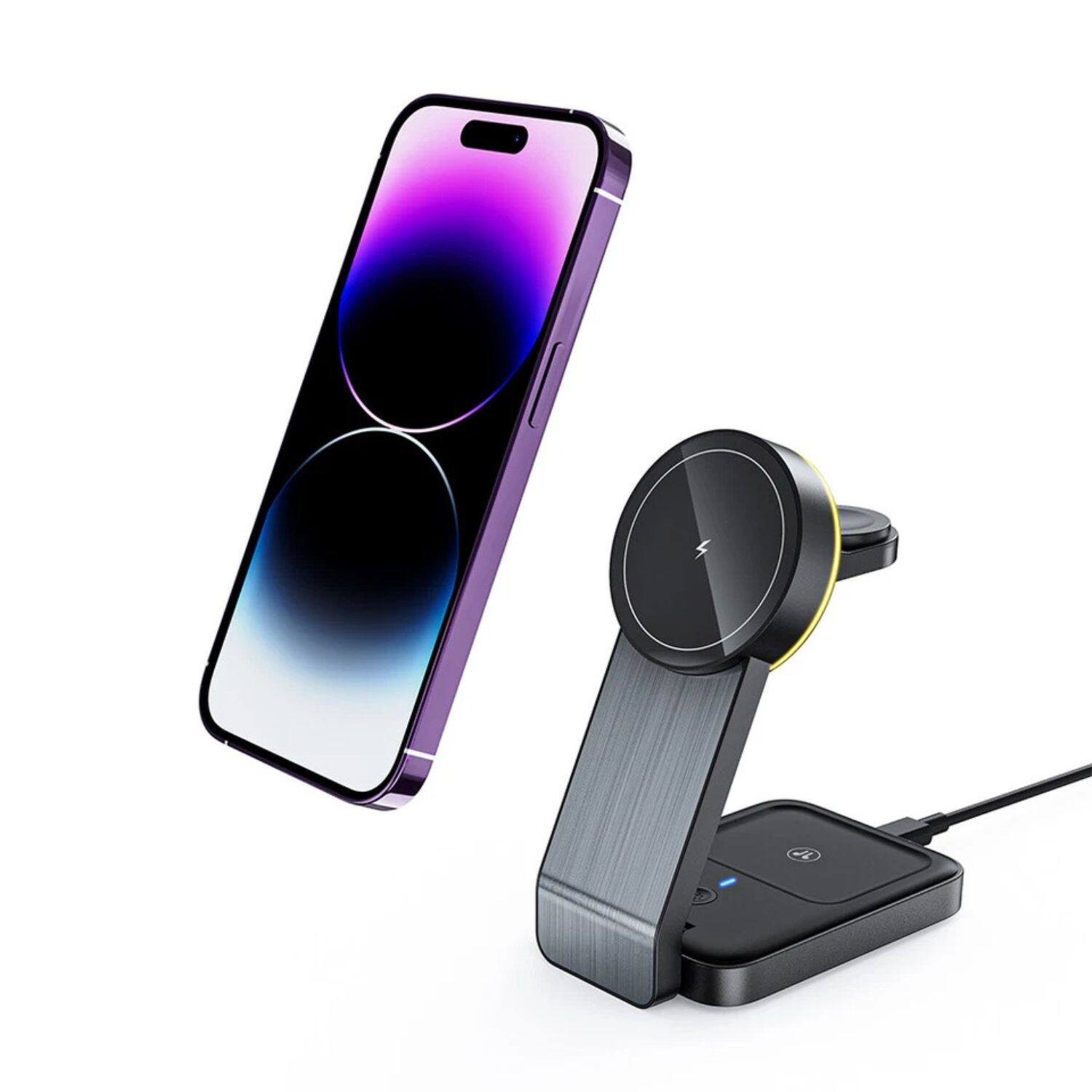 Front. Stock Preferred - 3-in-1 Wireless Charger Dock Station W79 – Fast Charging Stand for iPhone 14/13/12, Apple Watch & AirPods.