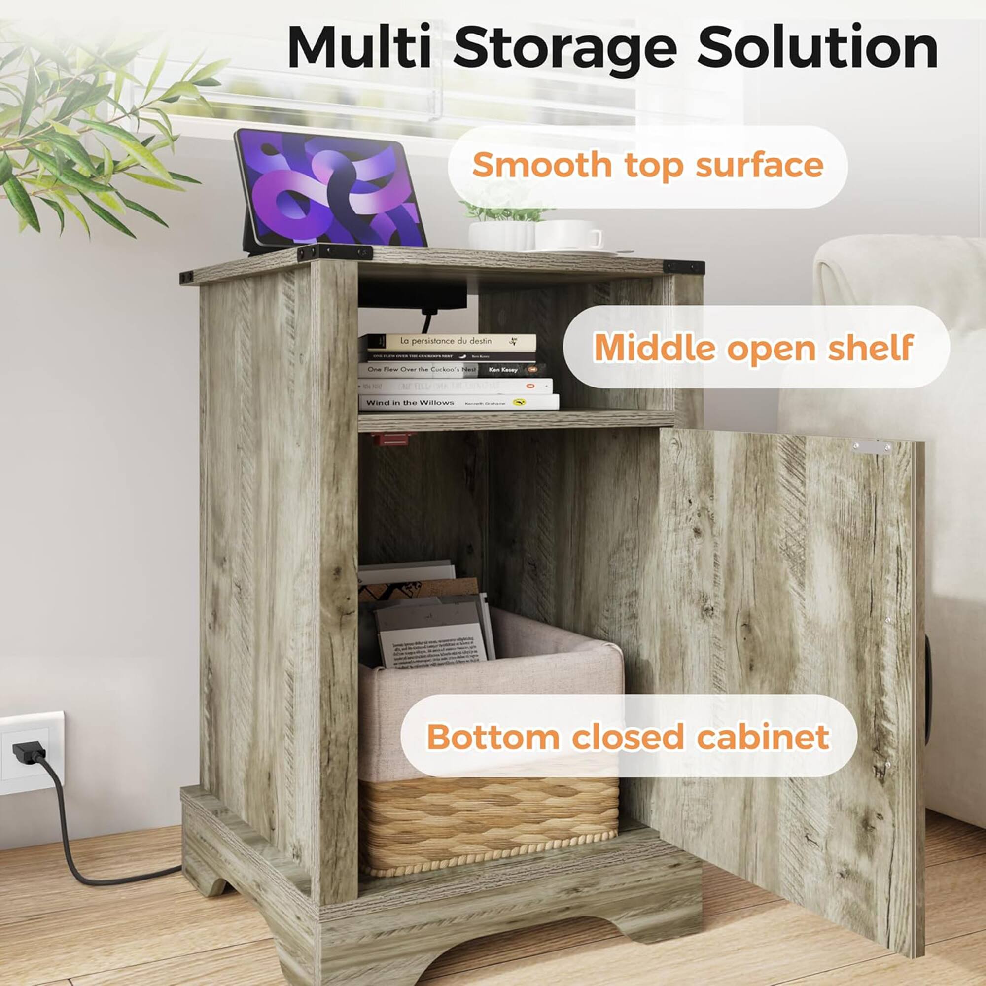 Multi Storage Solution  
Smooth top surface  
Middle open shelf  
Bottom closed cabinet