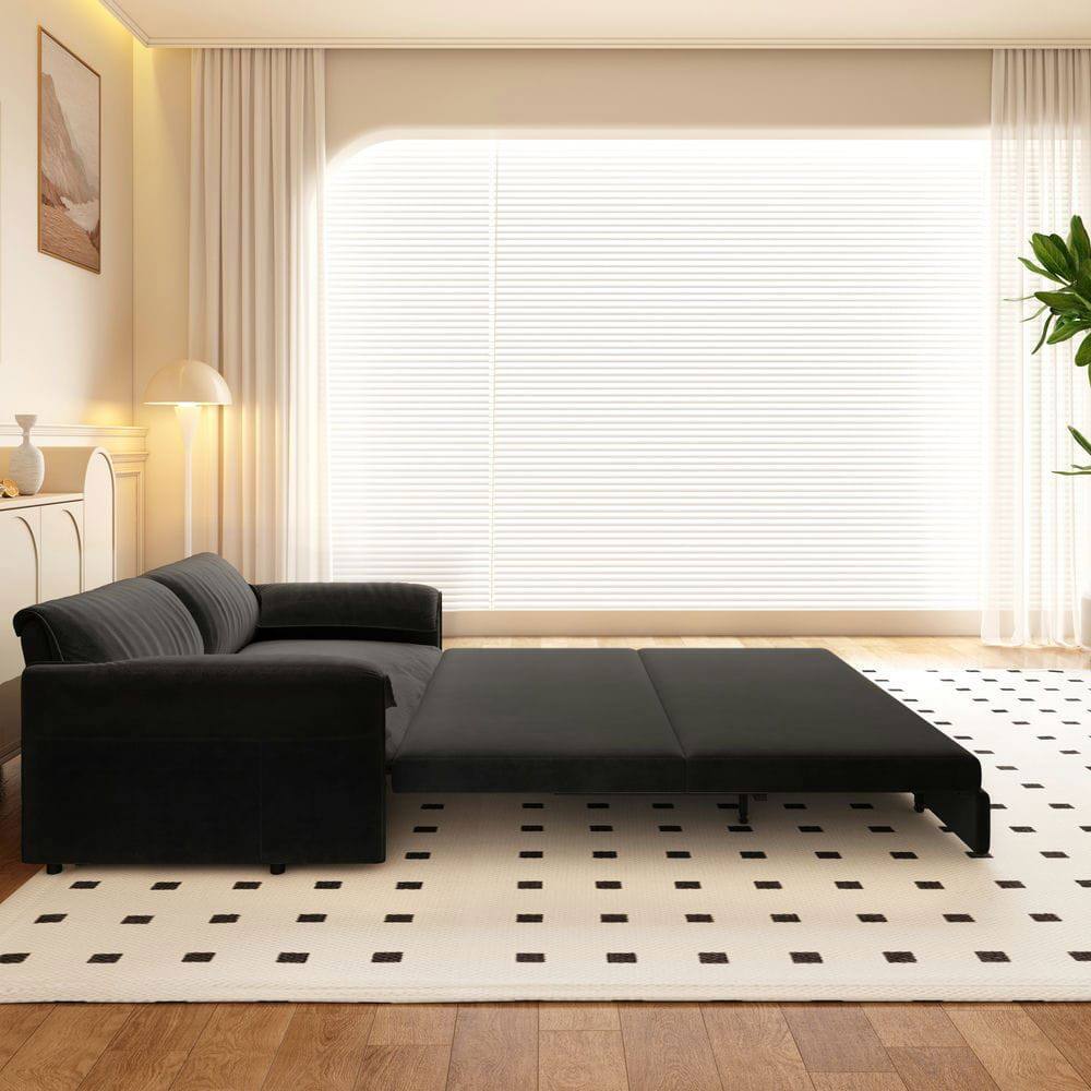 Alt View 8. Kadyn - 66" Queen Pull Out Sofa Bed, 3-in-1 Convertible Sleeper with Side Storage, Velvet Loveseat - Black.