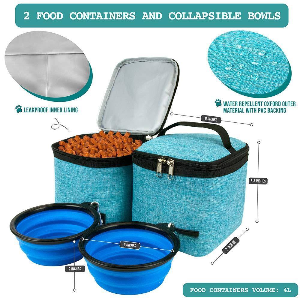 2 Food Containers and Collapsible Bowls

- Leakproof Inner Lining
- Water Repellent Oxford Outer Material with PVC Backing

Food Containers:
- 6.3 inches (height)
- 6 inches (diameter)

Collapsible Bowls:
- 5 inches (diameter)
- 2 inches (depth)

Food Containers Volume: 4L