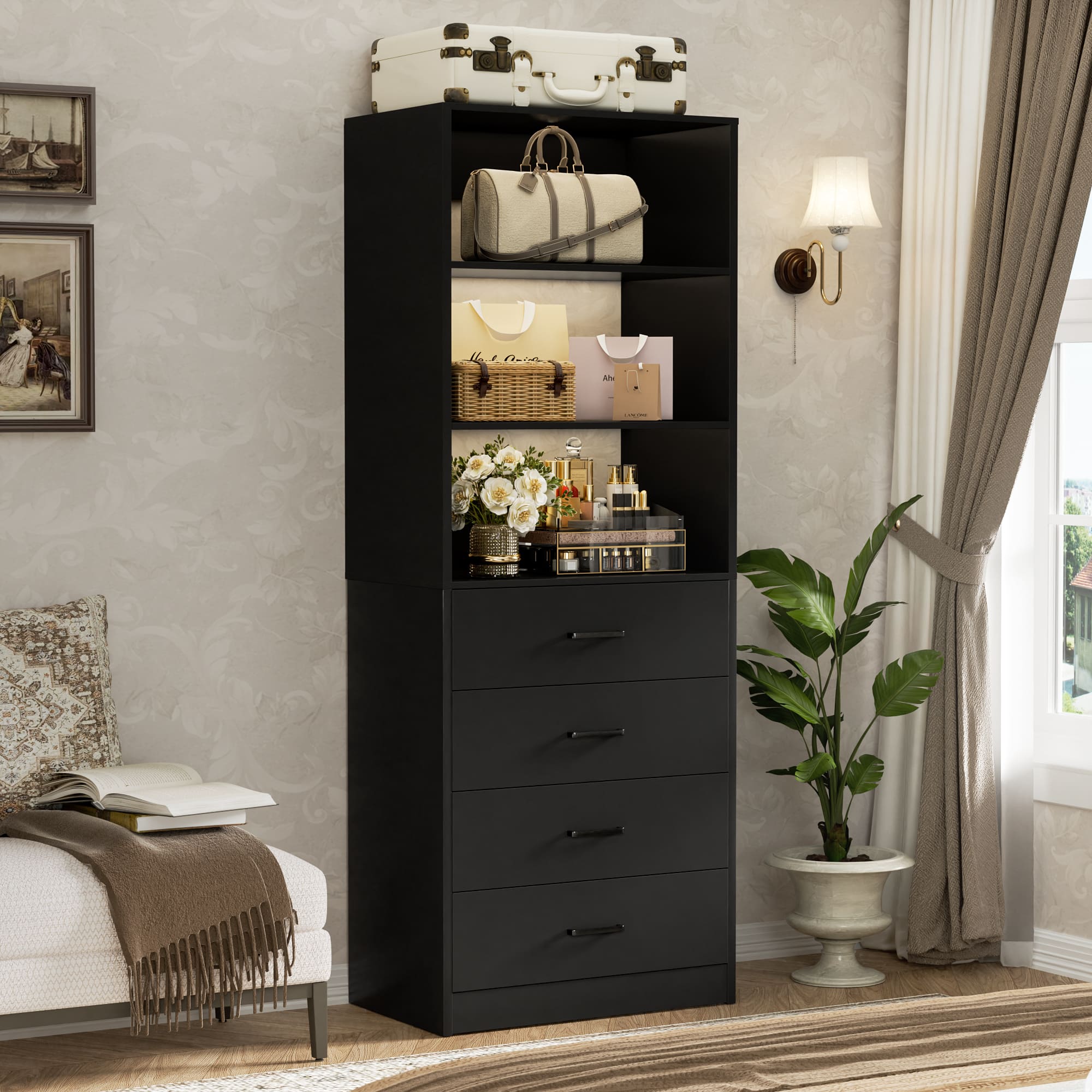 Aheaplus - 80'' Tall Bookcase with 4 Wooden Drawers, 21.3'' Wide Storage Unit with Adjustable Shelves - Black