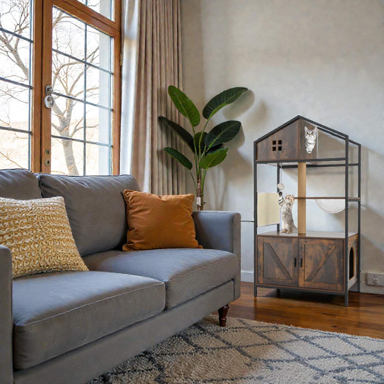 BreeBe - Indoor Cat Condo Tower Featuring Litter Box Enclosure and Layered Platforms - Rustic Brown