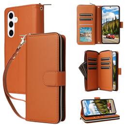 Dteck - Crossbody Wallet Case for Samsung Galaxy S26, Shockproof Zipper Pocket PU Leather Folio Cover with 9 Card Slots - Brown