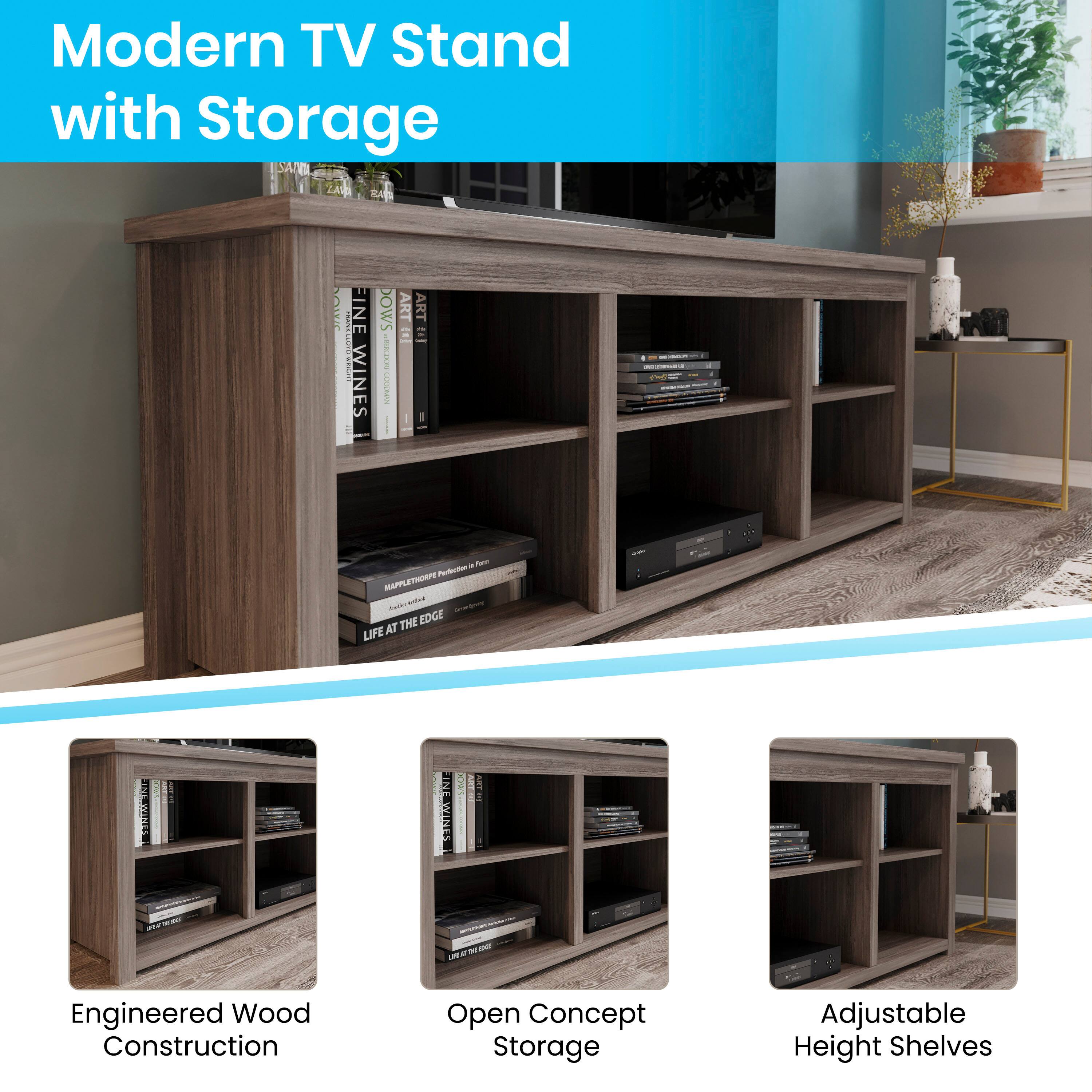 Modern TV Stand with Storage

- Engineered Wood Construction
- Open Concept Storage
- Adjustable Height Shelves