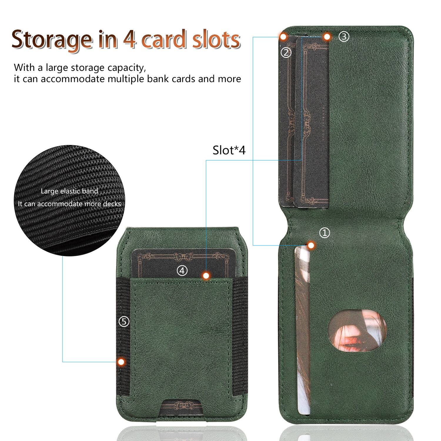 Storage in 4 card slots

With a large storage capacity, it can accommodate multiple bank cards and more

Slot*4

Large elastic band
It can accommodate more decks