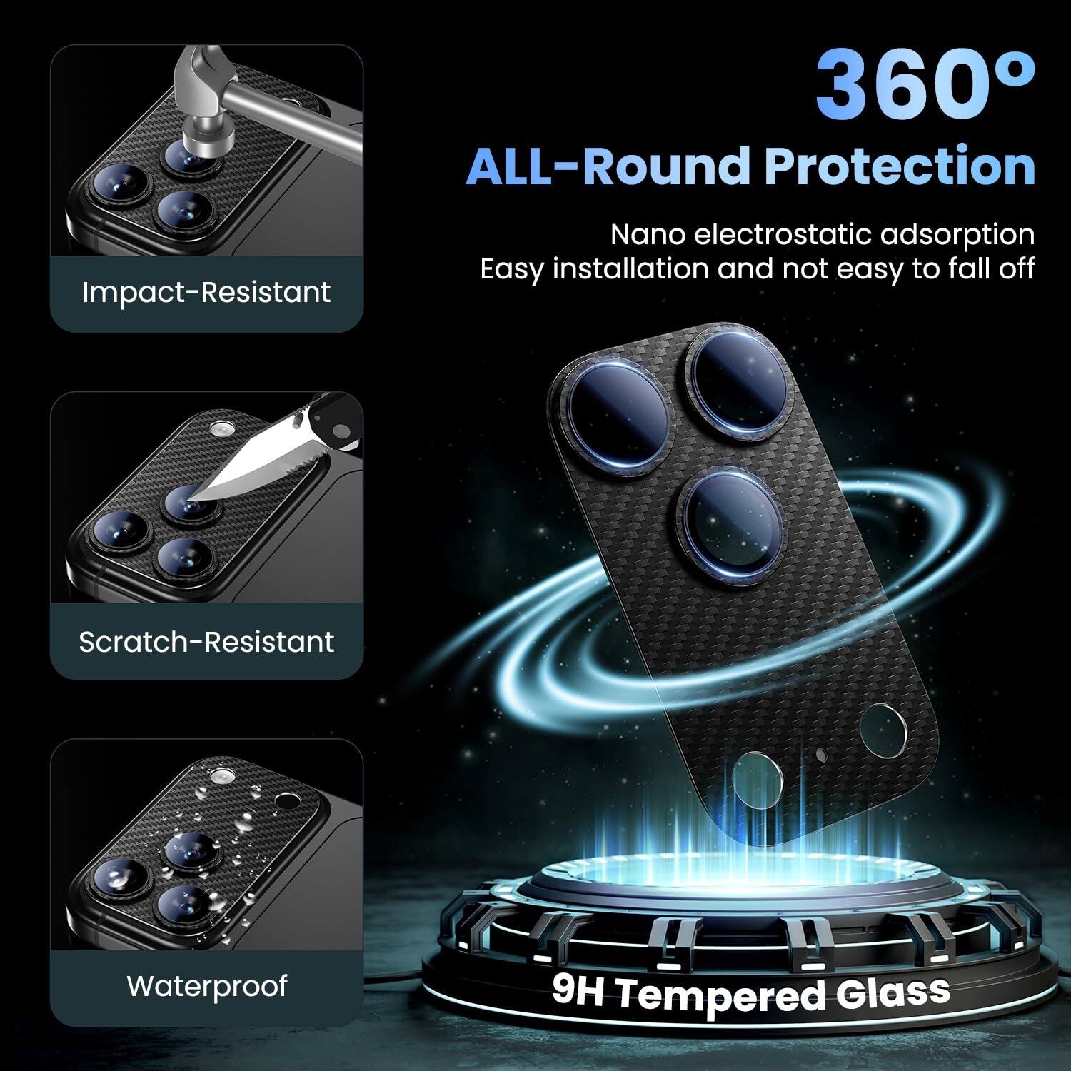 360° ALL-Round Protection

- Impact-Resistant
- Scratch-Resistant
- Waterproof
- Nano electrostatic adsorption
- Easy installation and not easy to fall off
- 9H Tempered Glass