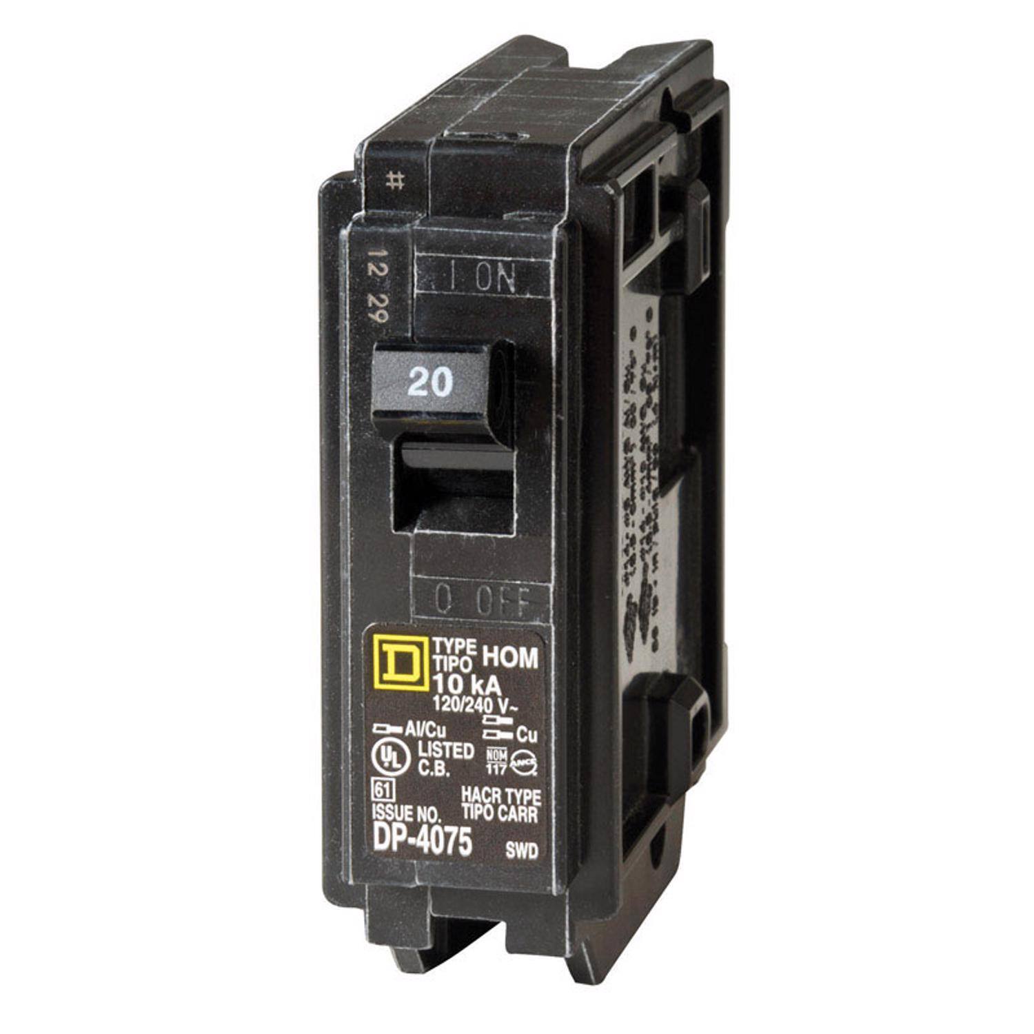 # 12 29  
I ON 20 0 OFF  
TYPE D TIPO OM  
10 kA 120/240 V-  
AI/Cu Cu  
UL LISTED NOM NC  
.. 117 61 HACR  
TYPE ISSUE NO. TIPO CARR  
DP-4075 SWD