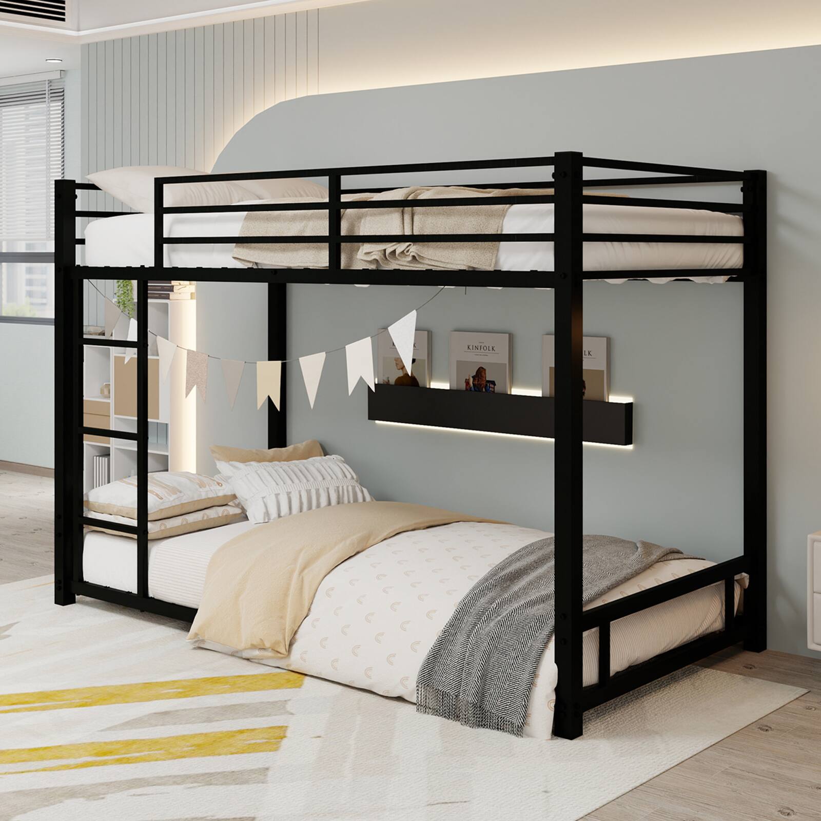 Left. Loheer - Loheer Metal Twin Over Twin Bunk Bed Heavy Duty Sturdy Frame Noise Free Black - Black.