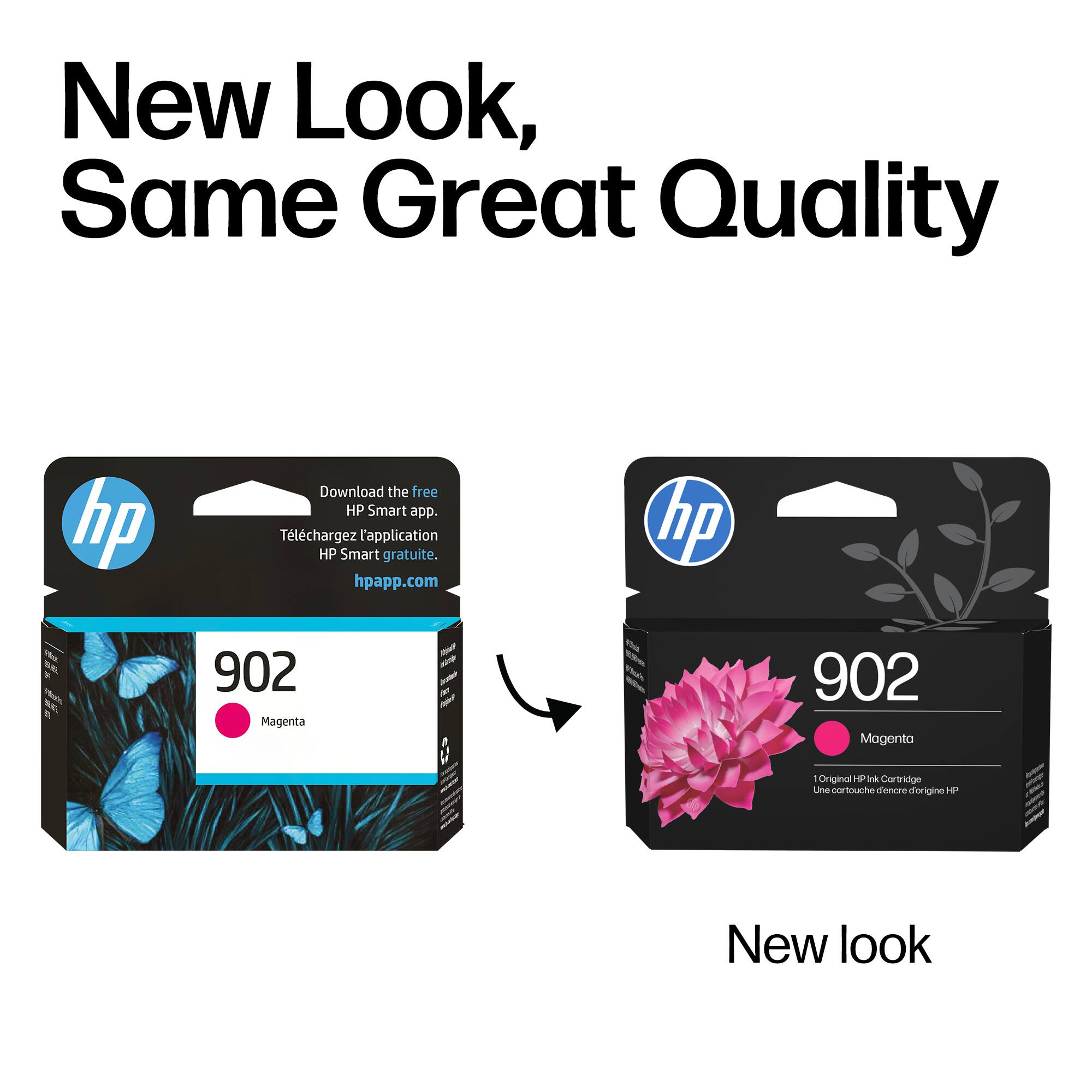 New Look, Same Great Quality

Download the free HP Smart app.  
Téléchargez l'application HP Smart gratuite.  
hpapp.com

HP 902 Magenta  
Original HP Ink Cartridge  
Une cartouche d'encre d'origine HP

New look