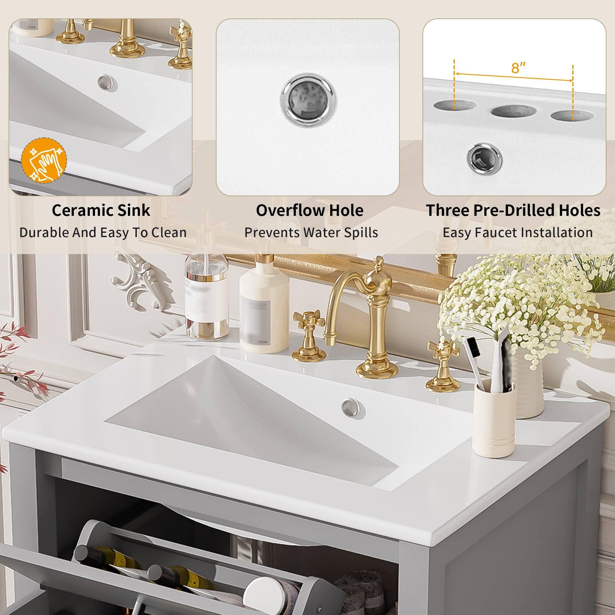 - Ceramic Sink  
  Durable And Easy To Clean

- Overflow Hole  
  Prevents Water Spills

- Three Pre-Drilled Holes  
  Easy Faucet Installation

- 8"