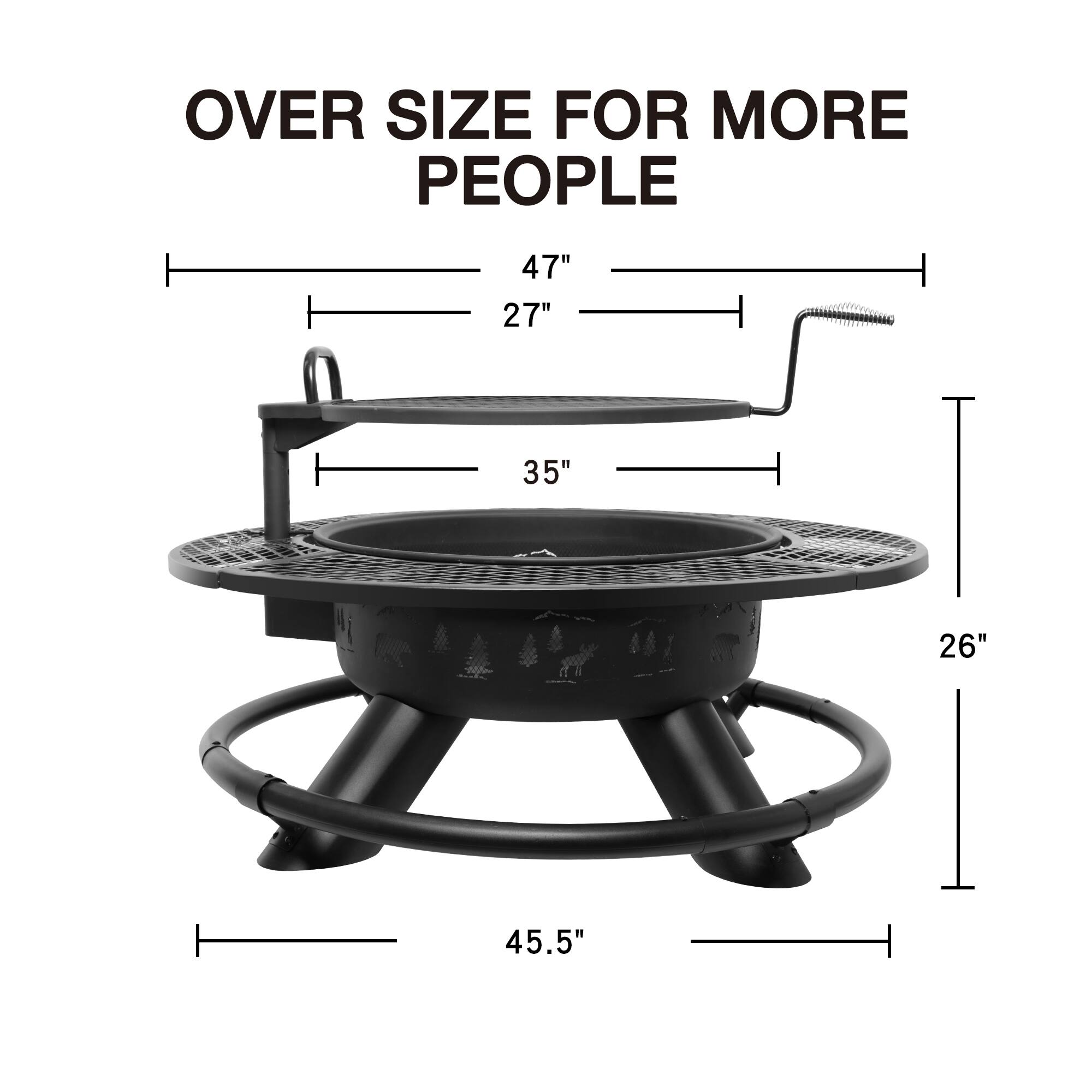 The text on the image states "OVER SIZE FOR MORE PEOPLE 47" 27" 35" 26" 45.5". This indicates that the grill is designed to accommodate a larger number of people, with its dimensions being 47 inches in diameter, 27 inches in height, and 35 inches in width. The grill is also 26 inches deep and has a cooking surface of 45.5 inches in diameter.