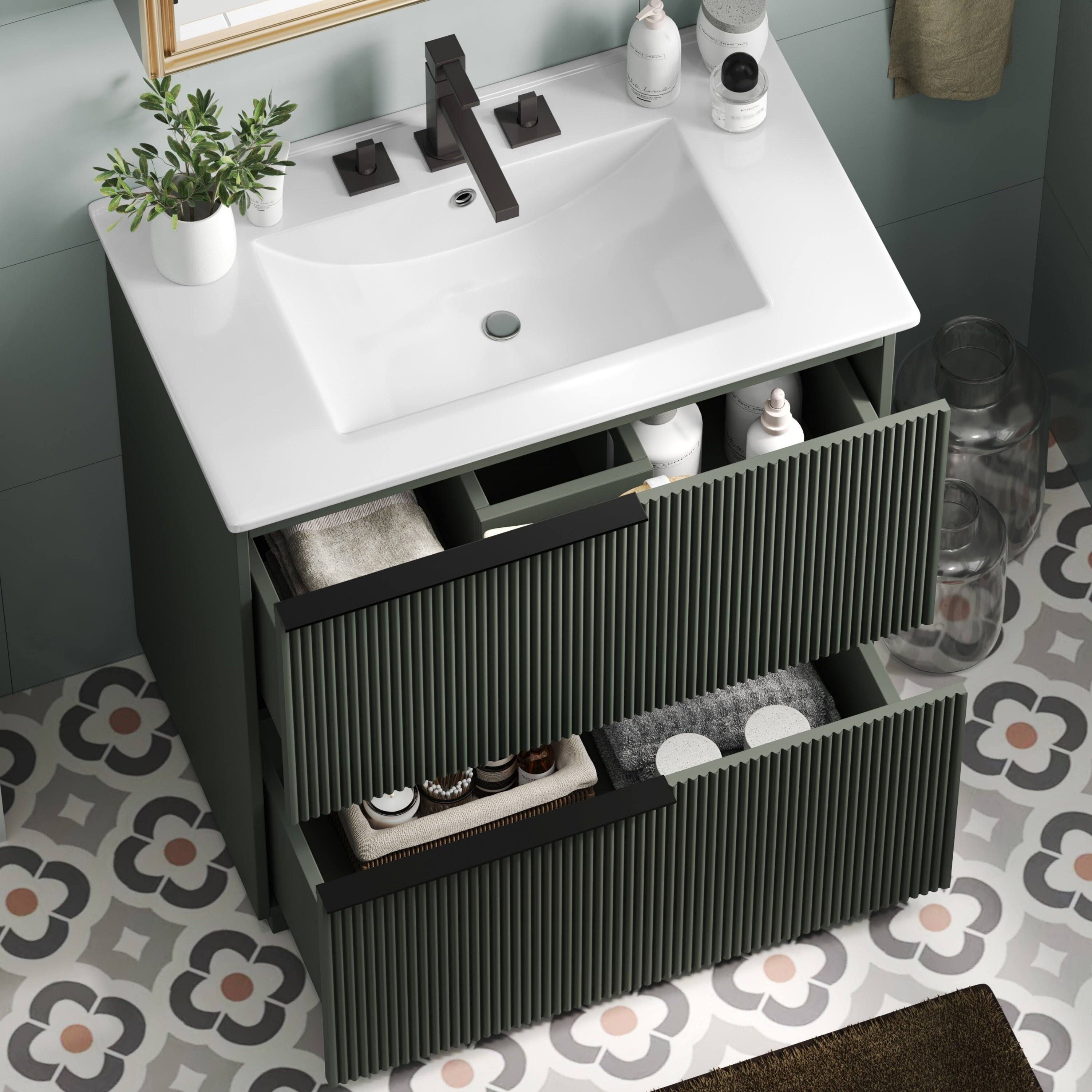 Back. Boyel Living - 30 Inch Bathroom Vanity with Ceramic Sink Full Extension Drawers Soft Close Fluted Design White - White.