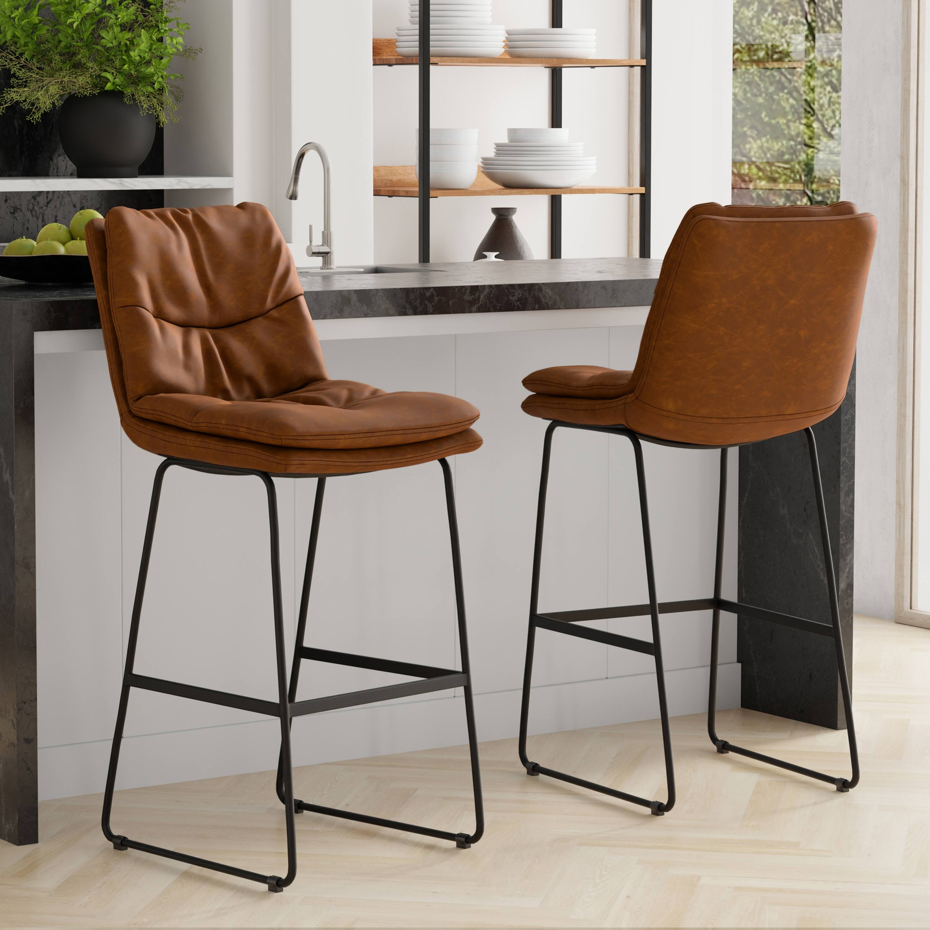 Angle. Simpli Home - Simpli Home Danika Mid Century Modern Bar Stool (Set of 2) in Camel Brown  Vegan Faux Leather - Camel Brown.
