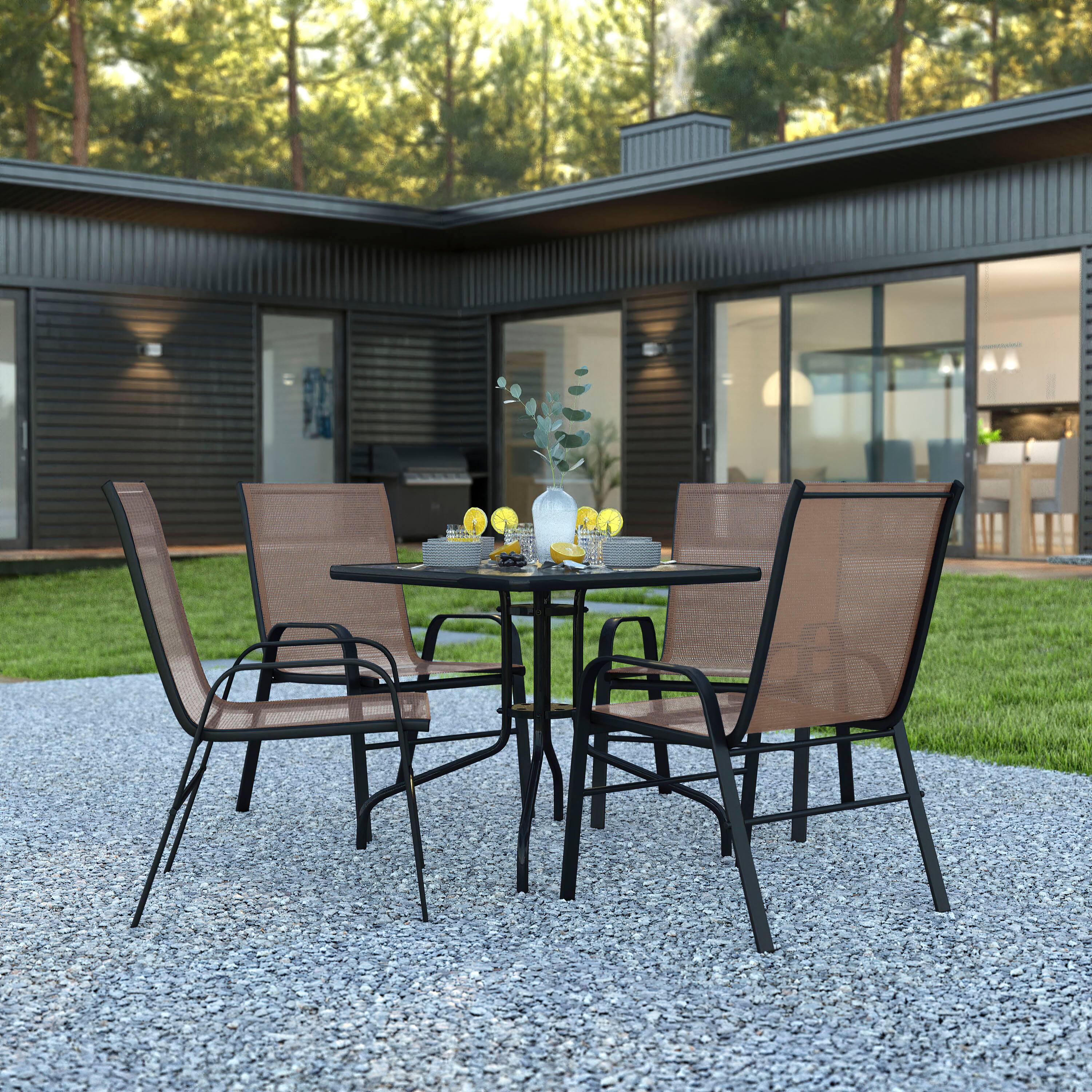 Alt View 1. Emma + Oliver - Five Piece Patio Dining Set - Square Table with Powder Coated Frame and Tempered Glass Top & 4 Flex Comfort Stack Chairs - Brown.