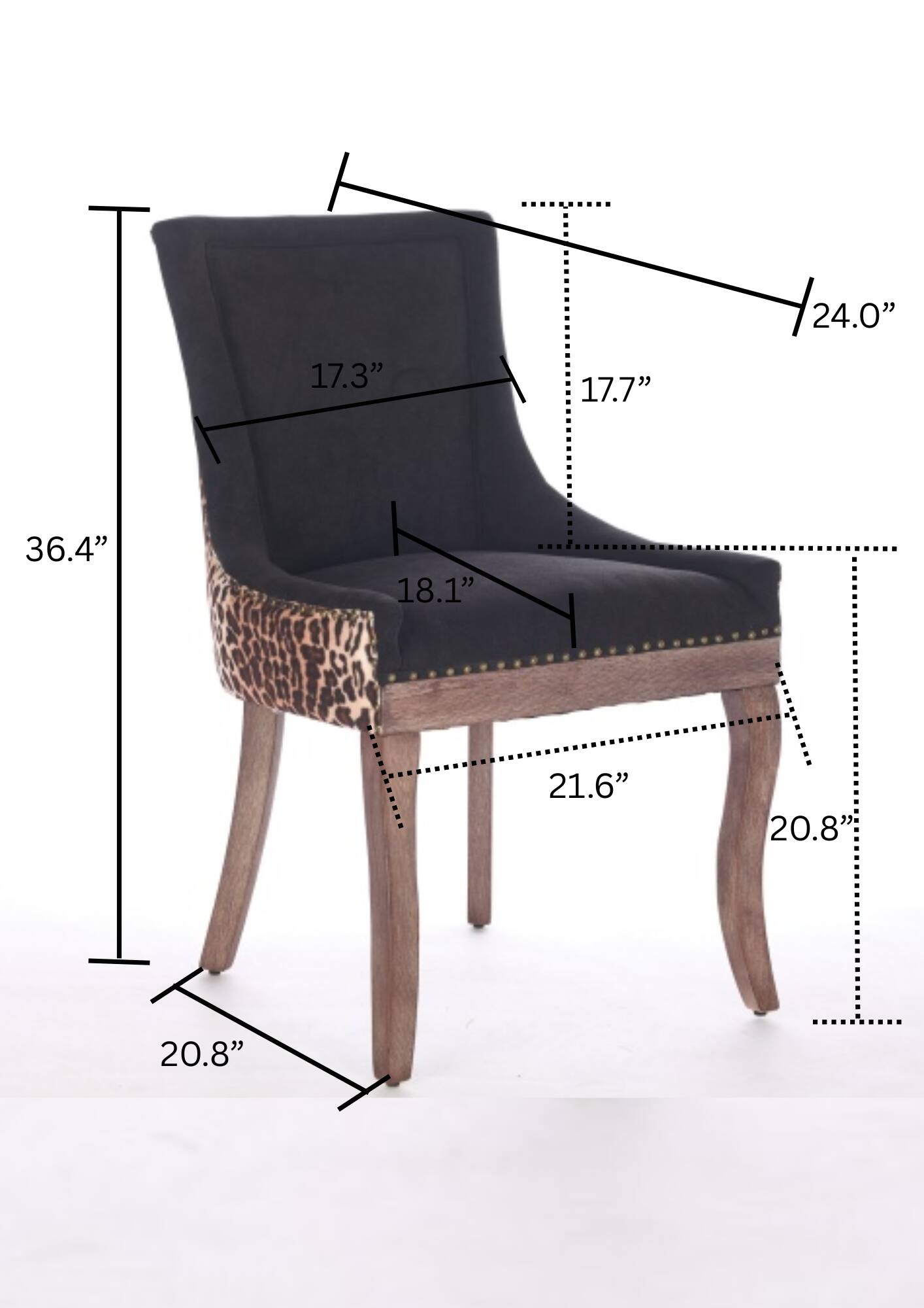 - Height: 36.4"
- Seat Height: 18.1"
- Seat Depth: 21.6"
- Seat Width: 20.8"
- Back Height: 24.0"
- Back Width: 17.3"
- Back Depth: 17.7"
- Overall Width: 20.8"