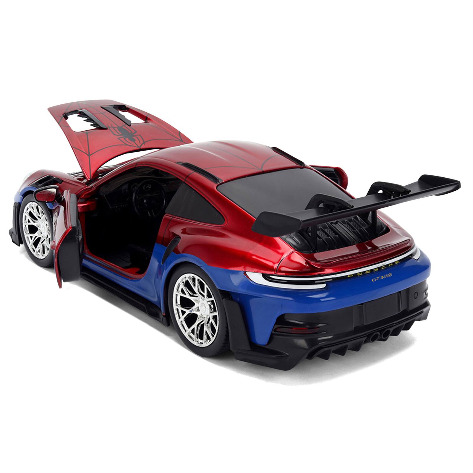 Alt View 4. Jada - Porsche 911 GT3 RS (992) Red and Blue with Graphics and Figure "Marvel Spider-Man" 1/24 Diecast Model Car by Jada.