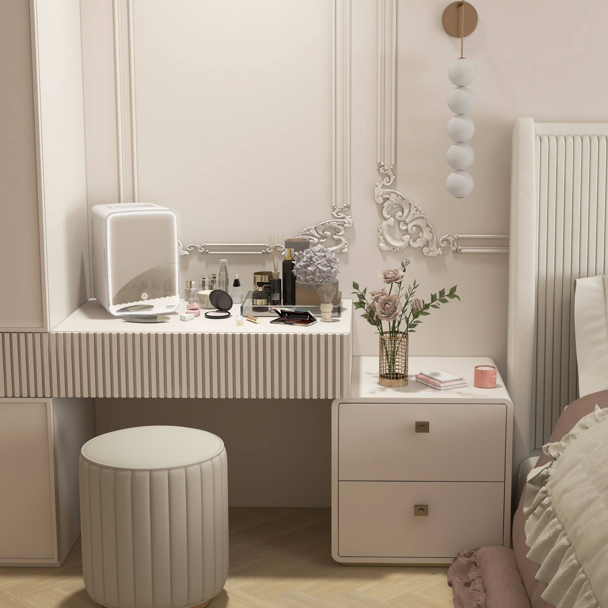 Angle. Tiramisubest - Skincare Fridge for Bedroom, Car with LED Mirror, Cooler and Warmer, AC/DC Powered Mini Fridge for Skincare, Beverage - White.