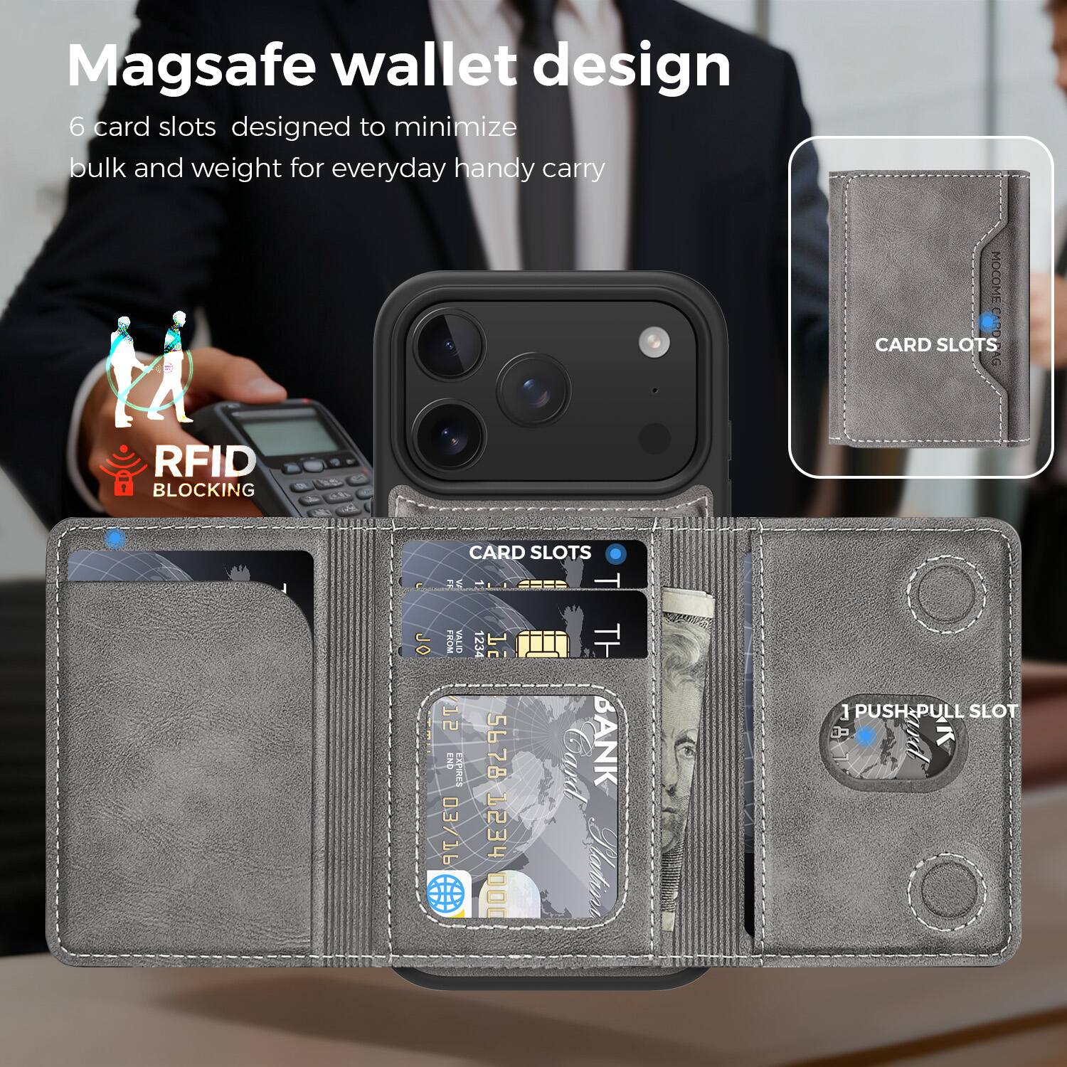 Magsafe wallet design

6 card slots designed to minimize bulk and weight for everyday handy carry

RFID BLOCKING

CARD SLOTS

1 PUSH-PULL SLOT