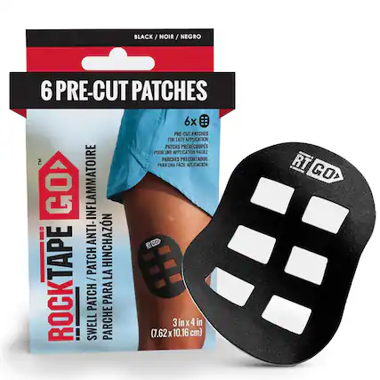 BLACK / NOIR / NEGRO
6 PRE-CUT PATCHES
6x PRE-CUT PATCHES FOR EASY APPLICATION
PATCHS PRÉCUTÉS POUR UNE APPLICATION FACILE
PARCHES PRECORTADOS PARA UNA FACIL APLICACIÓN
SWELL PATCH / PATCH ANTI-INFLAMATOIRE
PARCHE PARA LA HINCHAZÓN
ROCKTAPE
3 in x 4 in (7.62 x 10.16 cm)
