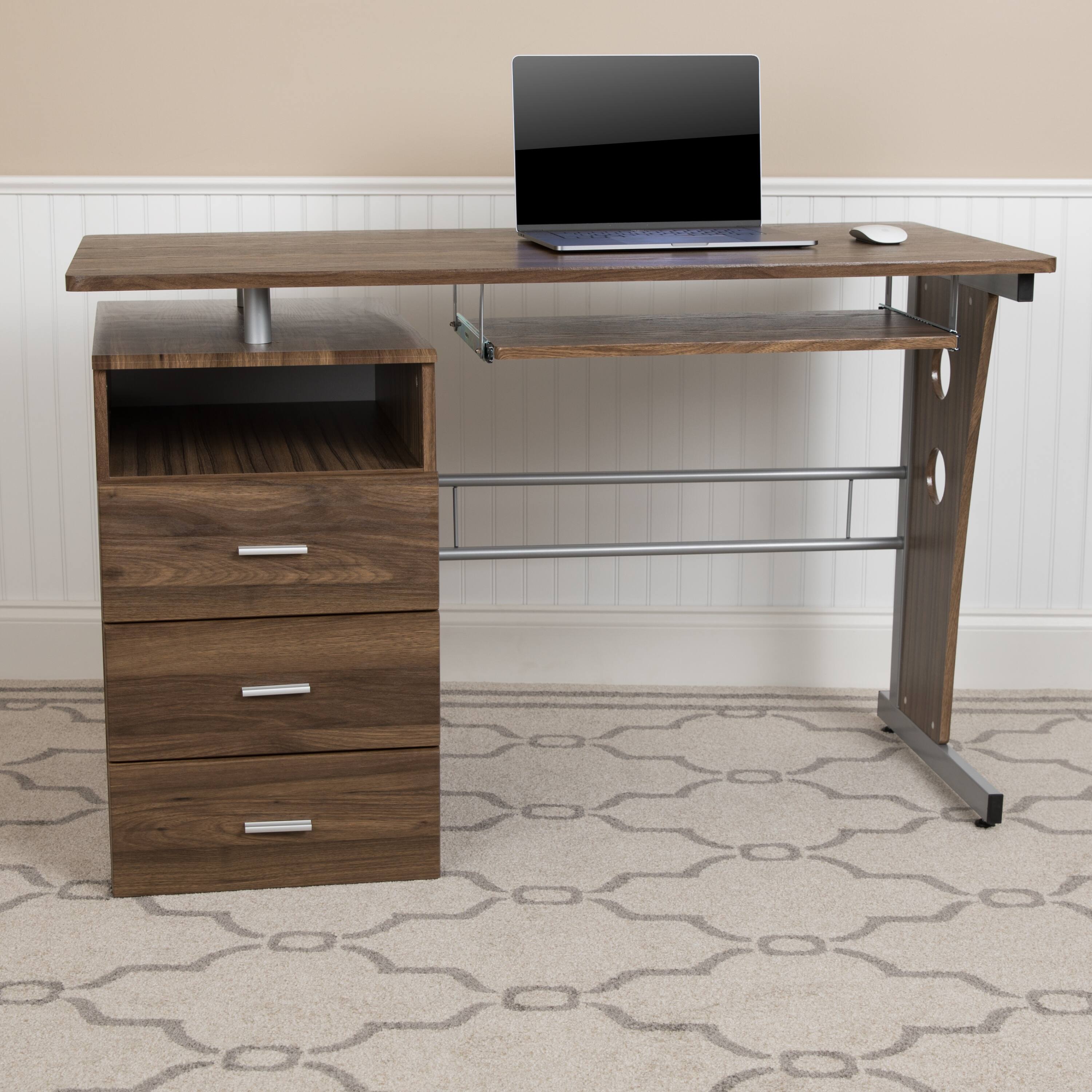 Alt View 1. Emma + Oliver - Desk with Three Drawer Single Pedestal and Pull-Out Keyboard Tray - Rustic Walnut.