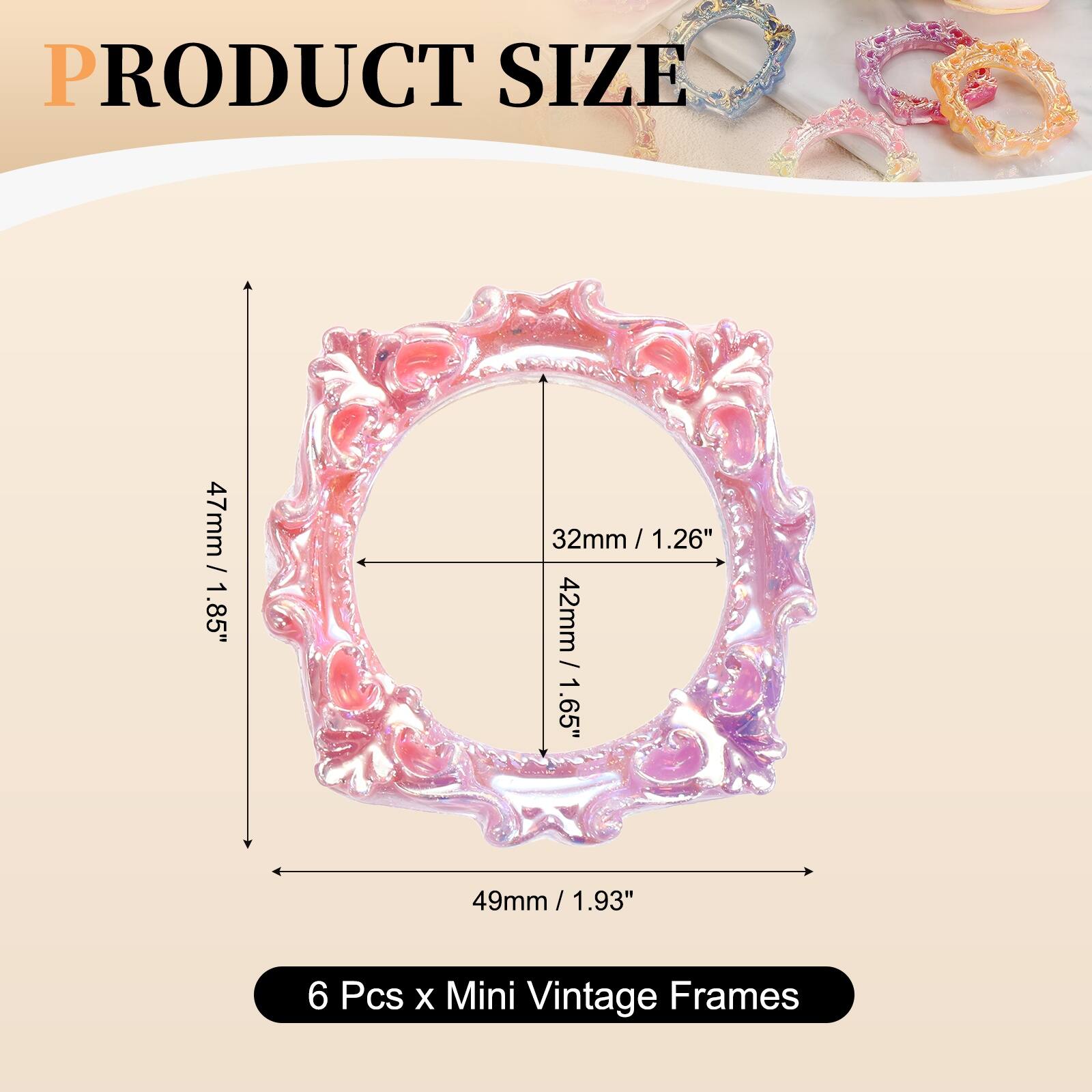 PRODUCT SIZE

47mm / 1.85"  
32mm / 1.26"  
42mm / 1.65"  
49mm / 1.93"  

6 Pcs x Mini Vintage Frames