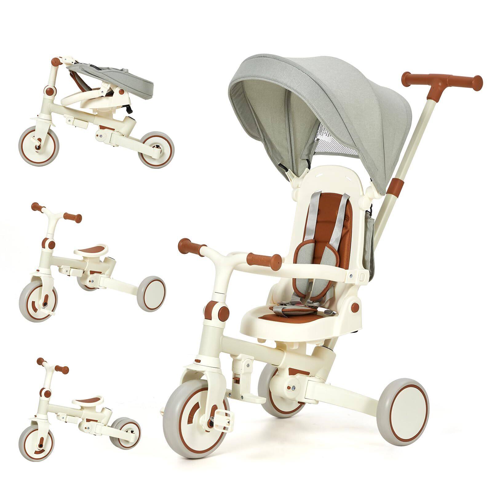 Babevy- 7-in-1 Convertible Baby Tricycle- Parent Handle, Safety Harness, Canopy, Foldable Design for Ages 1-6- Brown