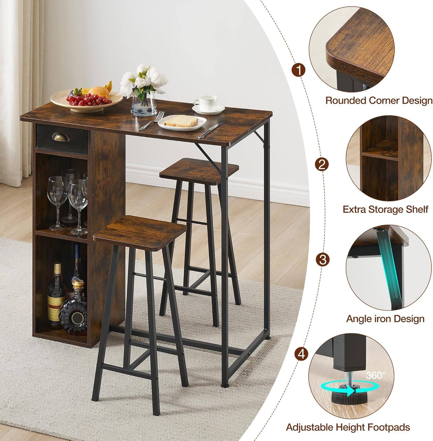 1. Rounded Corner Design  
2. Extra Storage Shelf  
3. Angle Iron Design  
4. 360° Adjustable Height Footpads