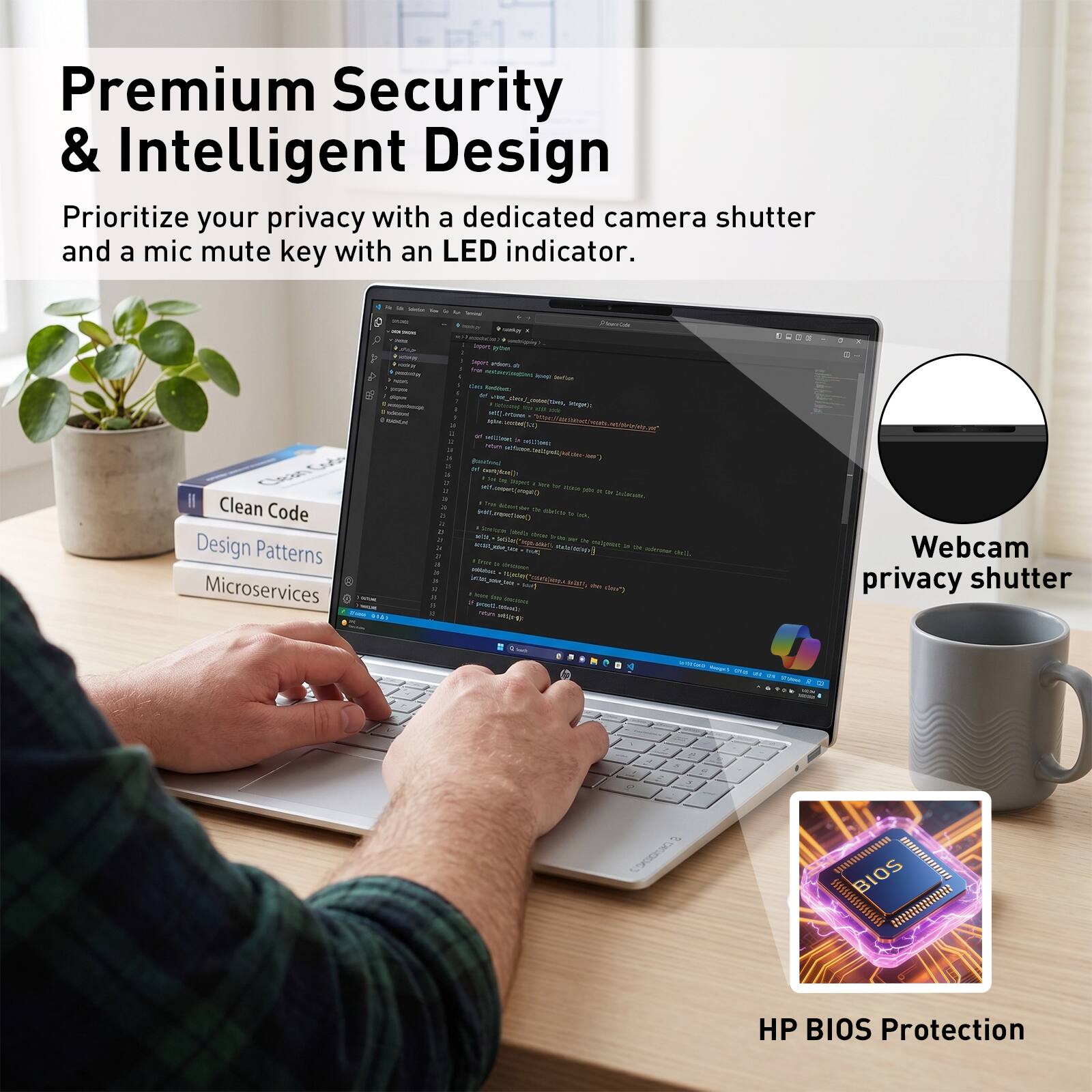 Premium Security & Intelligent Design  
Prioritize your privacy with a dedicated camera shutter and a mic mute key with an LED indicator.  

Webcam privacy shutter  

HP BIOS Protection
