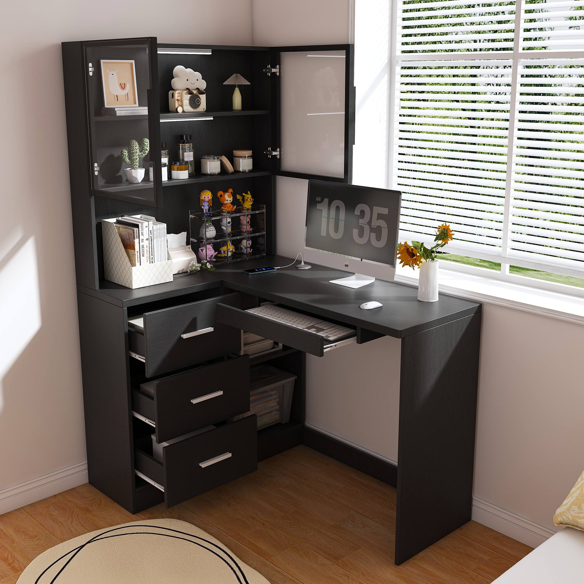 Left. GOODSILO - L-Shaped Computer Desk with Glass Cabinets & LED Lights, Corner Office Desk with USB Ports & Keyboard Tray - Black.