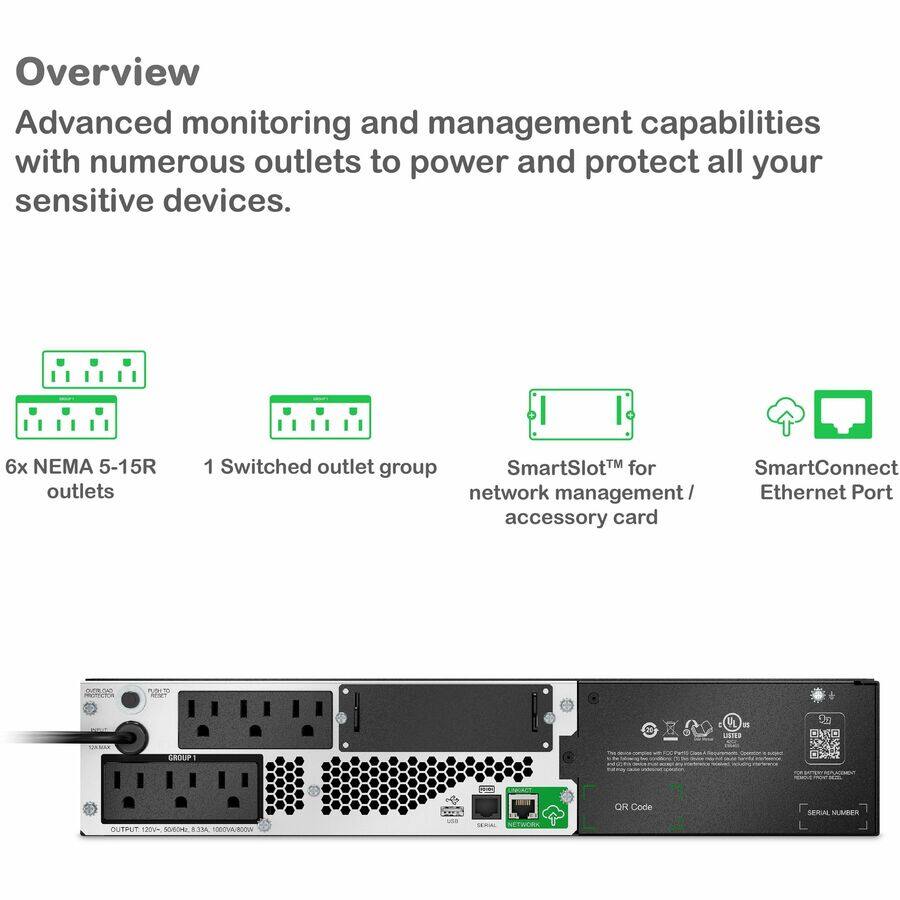 Alt View 7. APC - APC Smart-UPS, Line Interactive, 1000VA, Lithium-ion, Rackmount 2U, 120V, 6x NEMA 5-15R outlets, SmartConnect - Black,Silver.