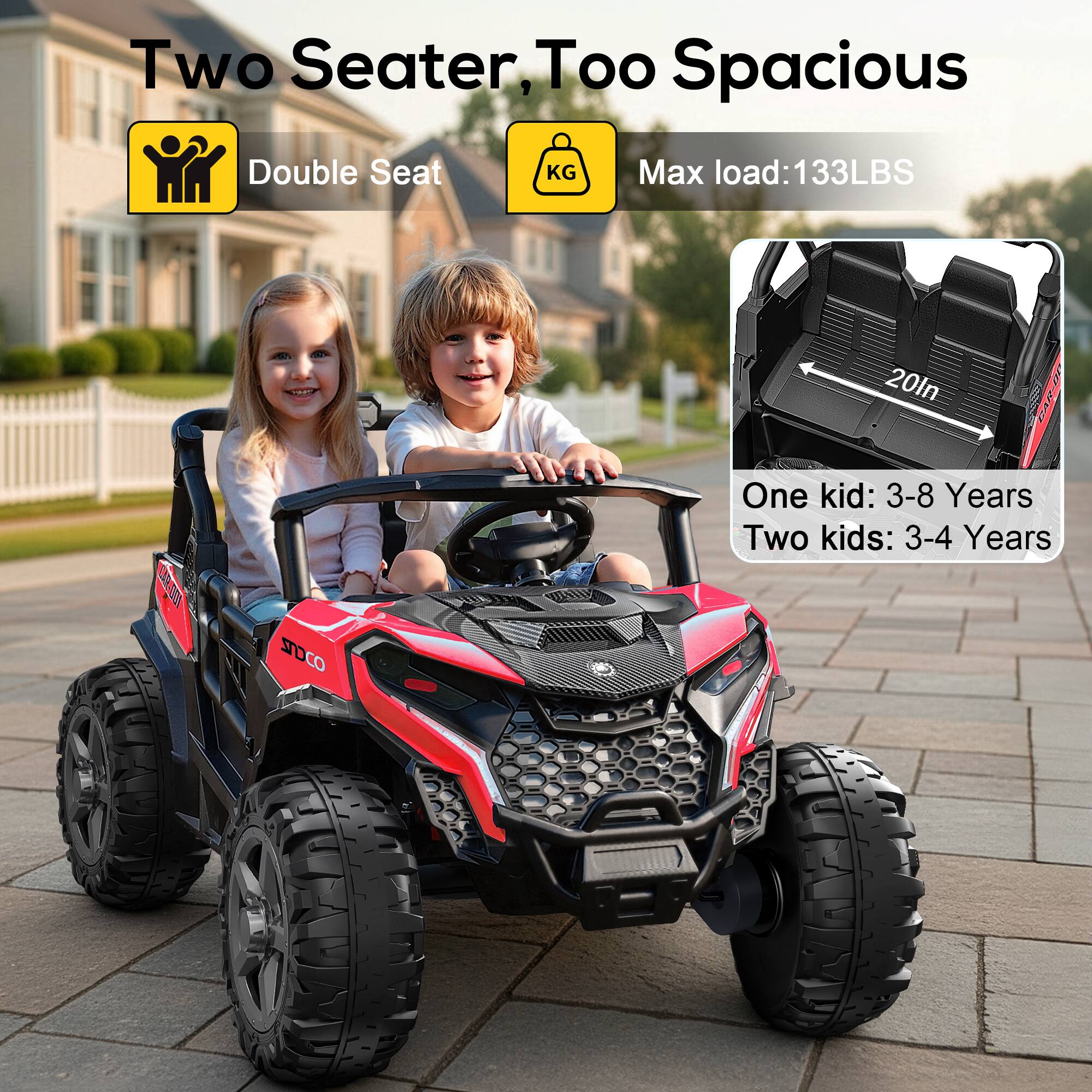 Two Seater, Too Spacious  
Double Seat  
KG  
Max load: 133LBS  
20ln  
One kid: 3-8 Years  
Two kids: 3-4 Years  
STOCO