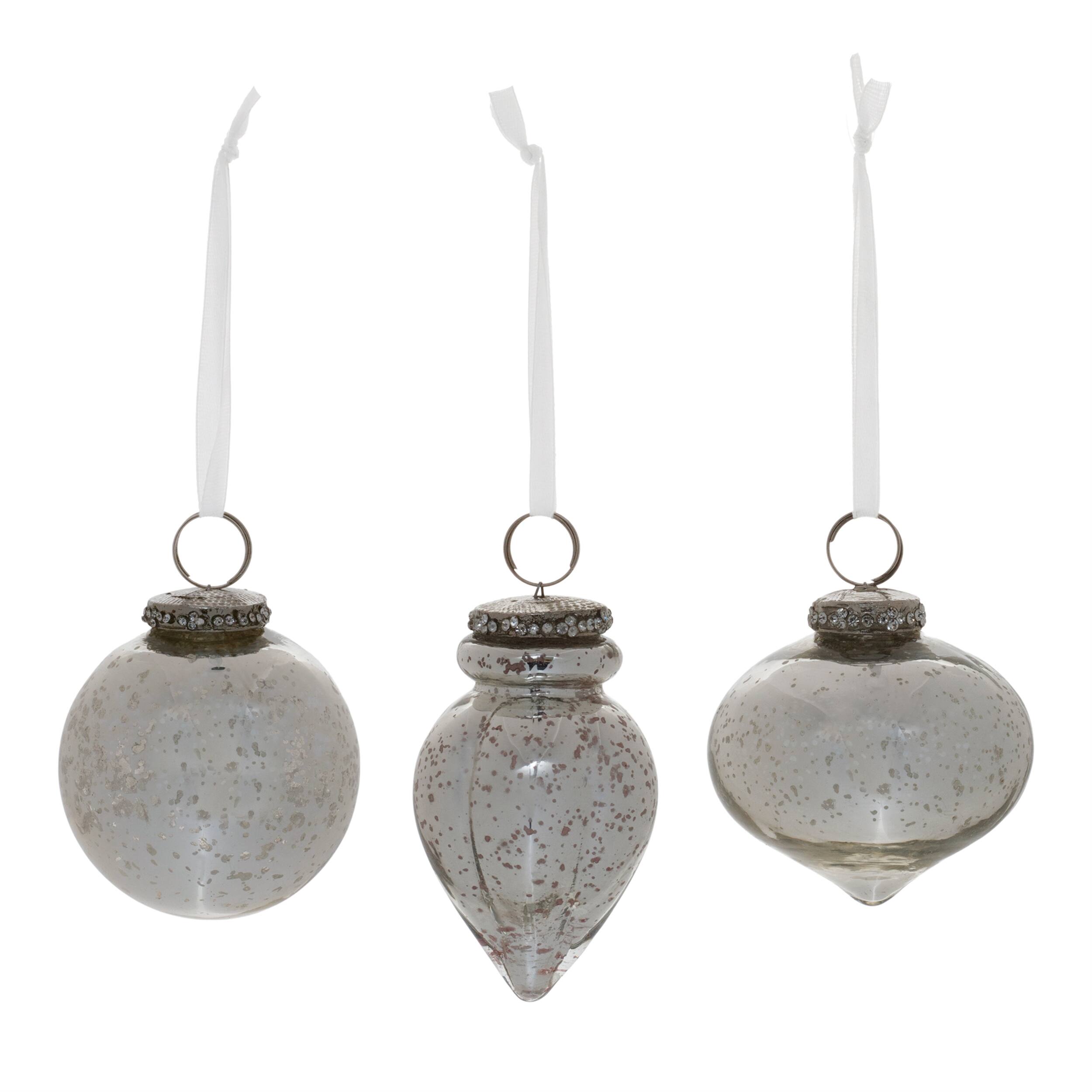 Angle. BreeBe - Grey Mercury Glass Ornament (Set of 6) - Silver.