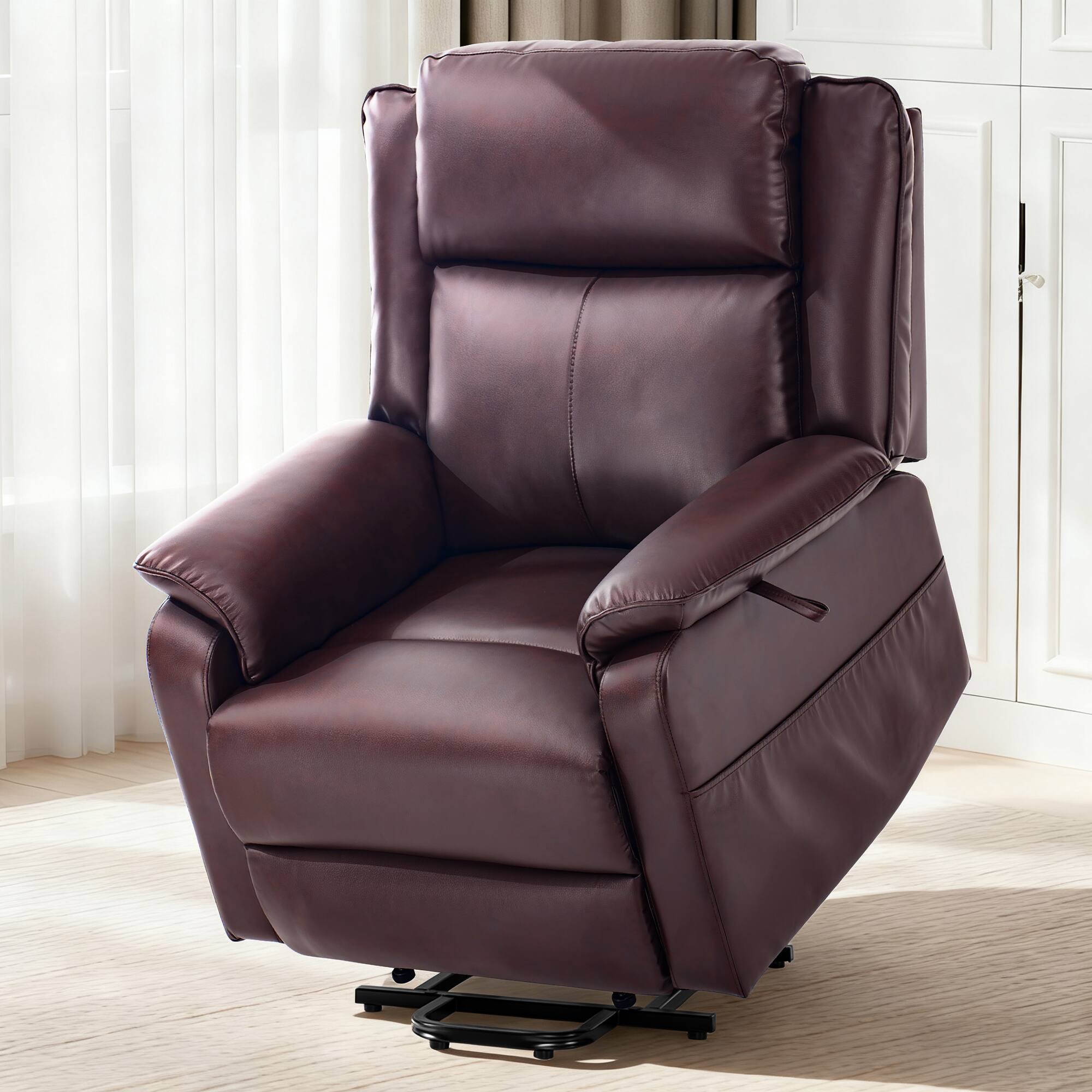 Left. Brick Attic - 36.2″ Luxury Power Lift Recliner Chair with Heated Massage and Electric Recline for Elderly, PU Leather - Red Brown.
