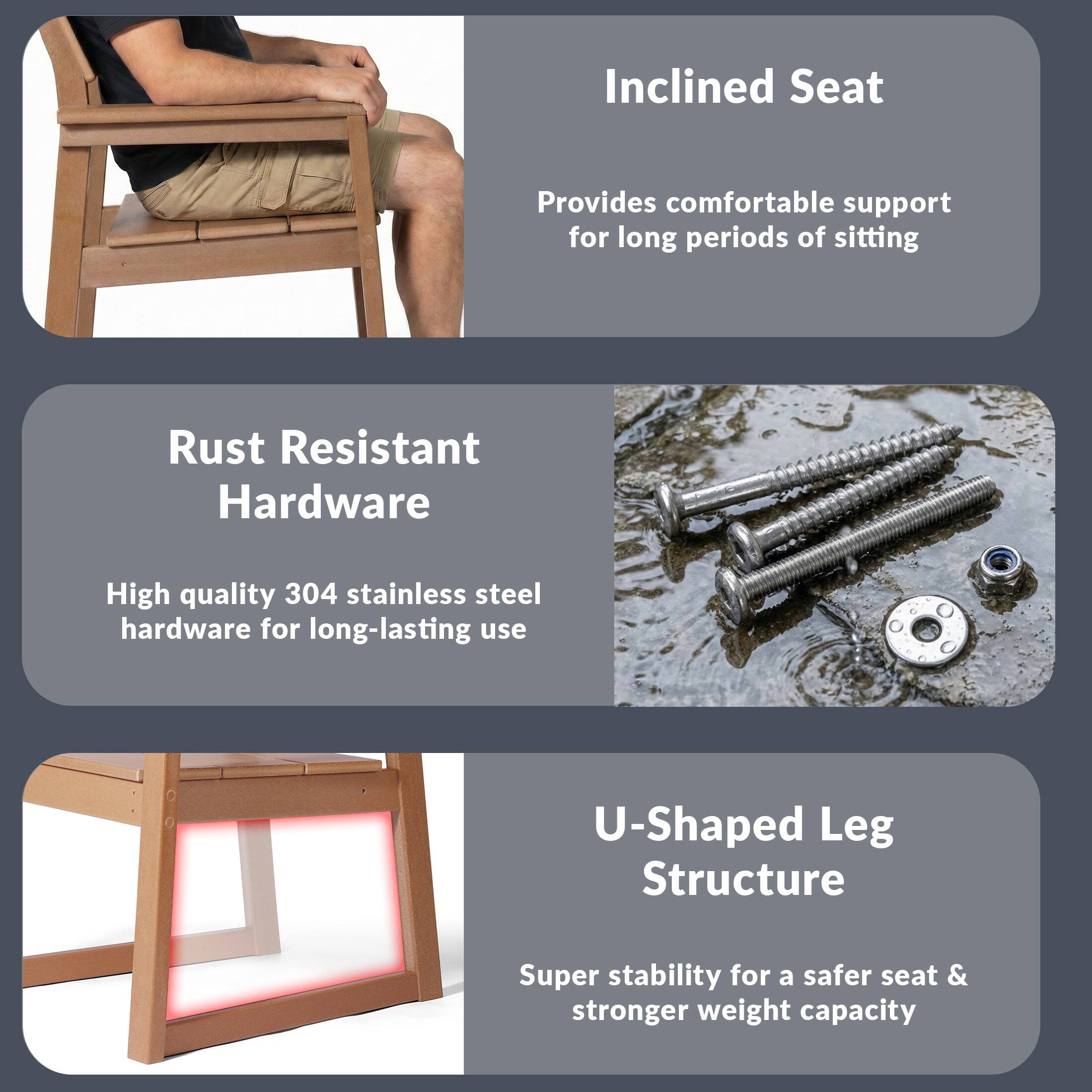 Inclined Seat  
Provides comfortable support for long periods of sitting  

Rust Resistant Hardware  
High quality 304 stainless steel hardware for long-lasting use  

U-Shaped Leg Structure  
Super stability for a safer seat & stronger weight capacity