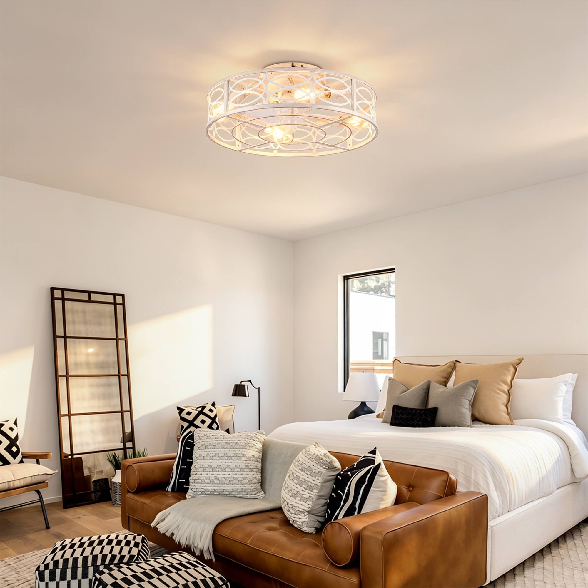 Back. Loheer - Loheer 20-Inch Caged Ceiling Fan with Lights and Remote, Bladeless Flush Mount Reversible Fan for Bedroom.