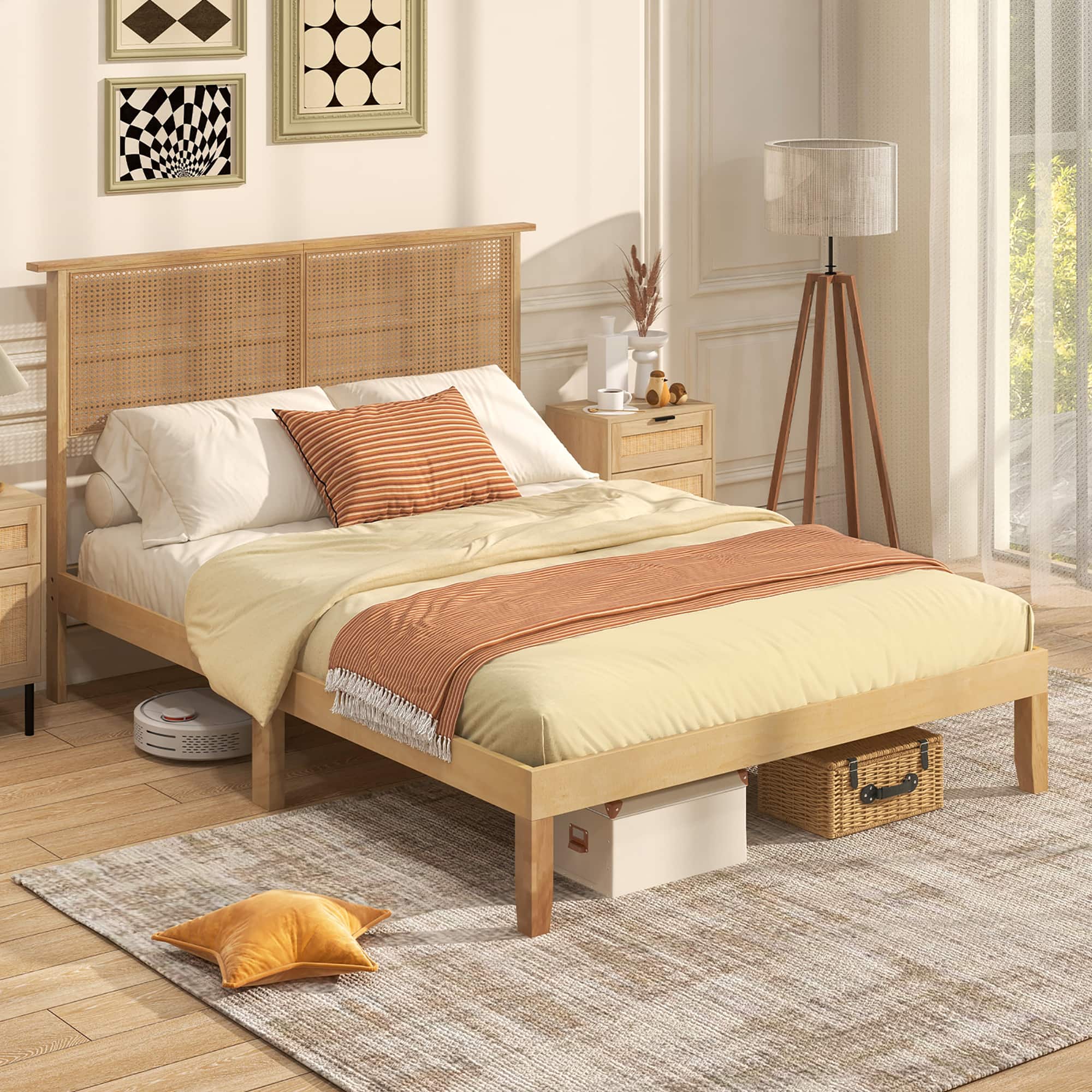 Gymax - Full Size Bed Frame w/ Rattan Headboard 10 Solid Wood Legs & 12 Wooden Slats - Natural