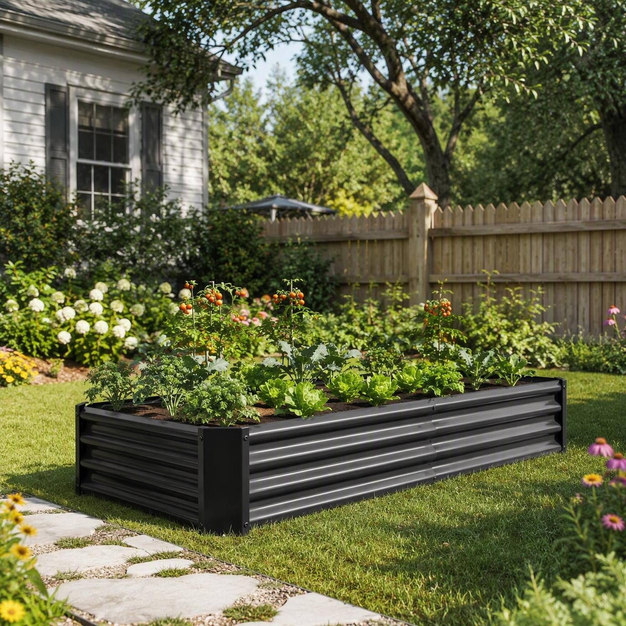 Alt View 2. RYHNUYNE - Metal Raised Garden Bed 6x3x1 ft Outdoor Black Rectangle Planter for Vegetables Flowers with Open Base Drainage - Black.