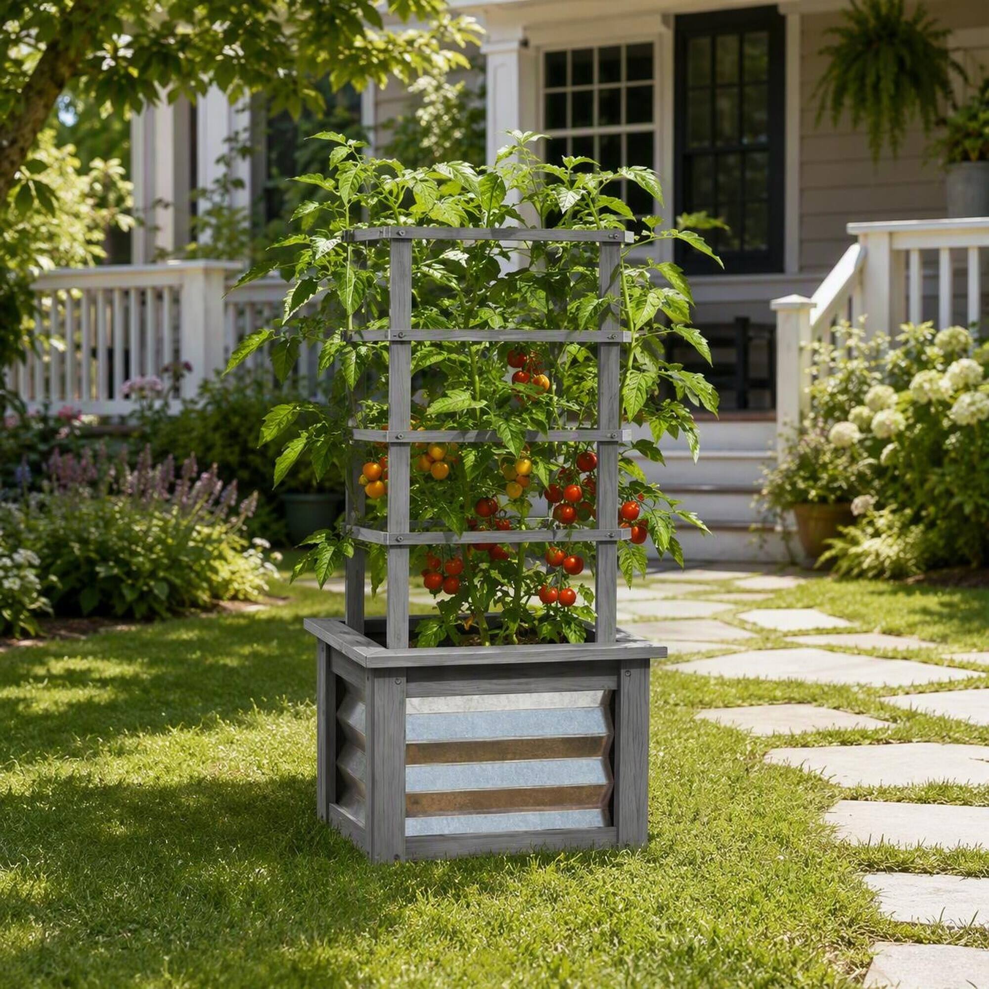 Alt View 1. RYHNUYNE - Raised Garden Bed with Trellis, Galvanized Planter Box on Fir Wood Stand for Climbing Plants, Vegetables - Grey.