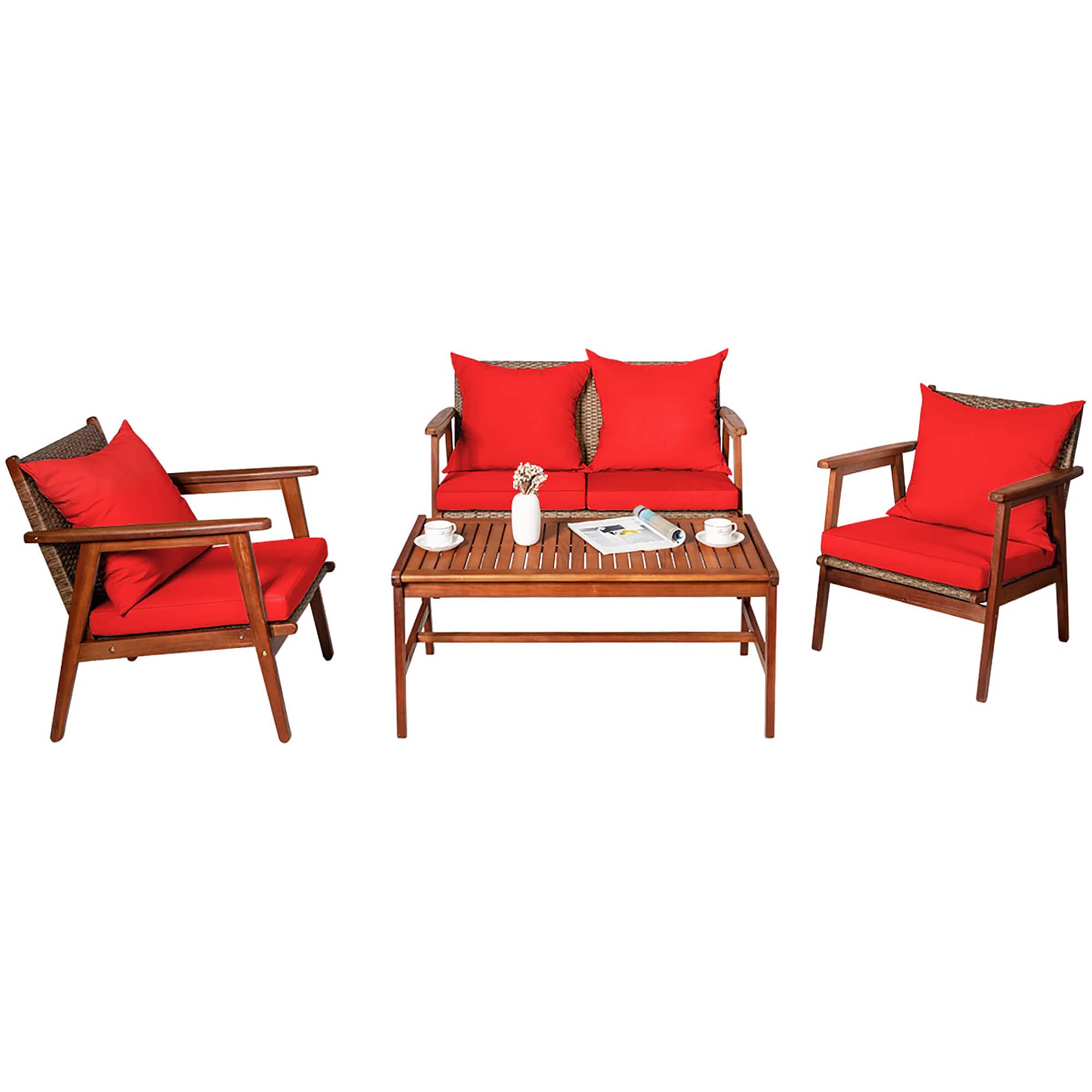 Costway - 4PCS Patio Rattan Furniture Set Acacia Wood Frame Cushioned Sofa Chair - Multicolor